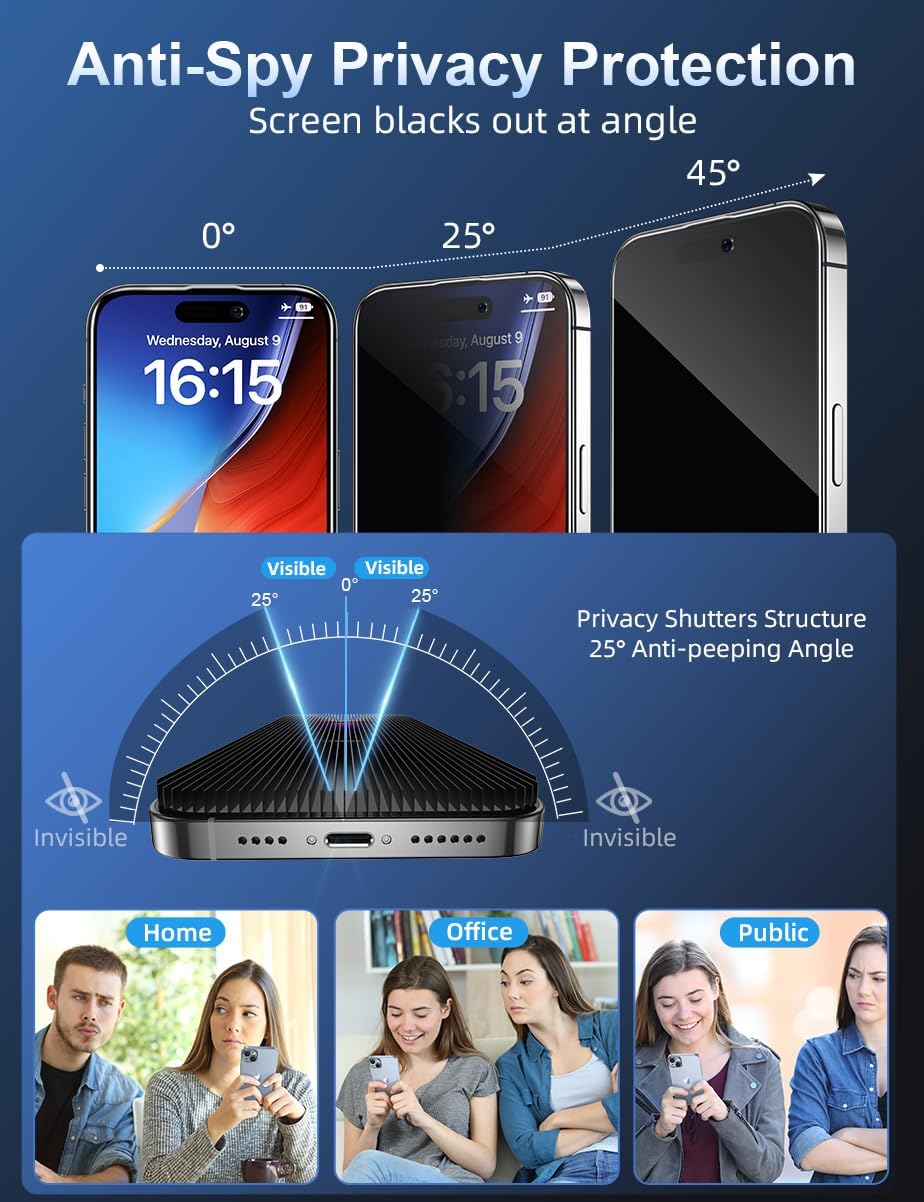 ruwa Privacy Screen Protector for iPhone 15 Pro Max [6.7 Inch][2-Pack] Tempered Glass with Easy Installation Frame, Anti-Scratch,Anti-peep, Full Coverage