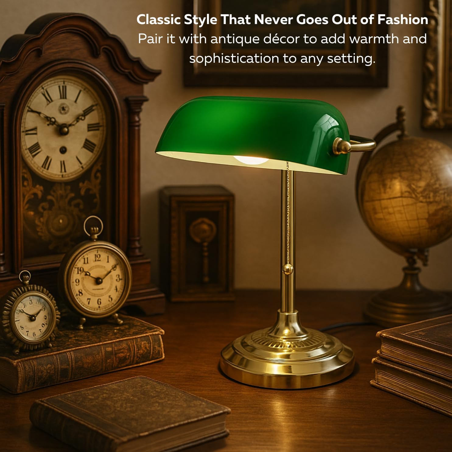 LIGHTACCENTS Traditional Banker’s Desk Lamp with Green Glass Shade and Brass Base – Classic Desk Lamp with Pull Chain, Office Lighting, Vintage Style Reading Light