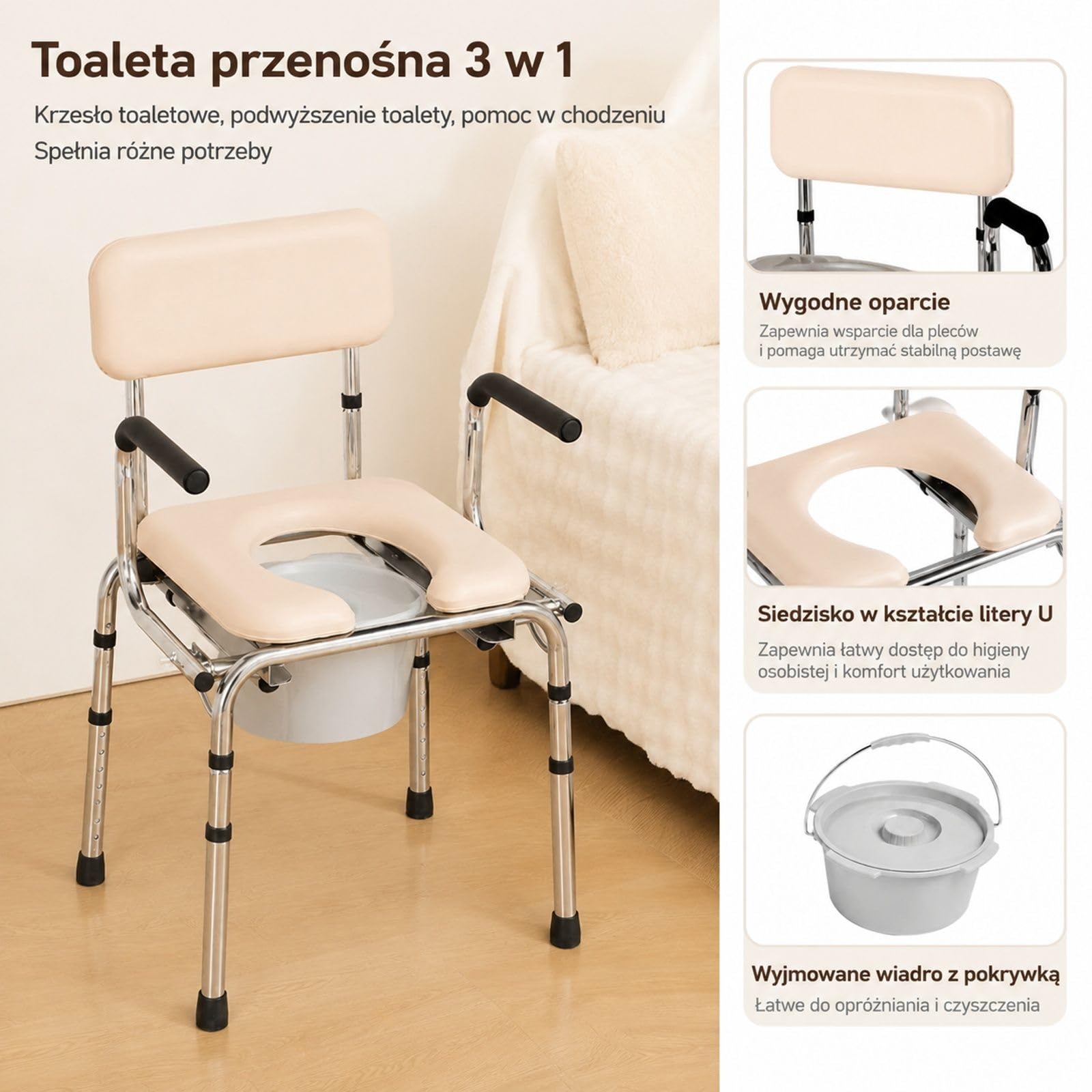 Krzesło toaletowe z wyściełanym siedziskiem, składanymi podłokietnikami i wyjmowanym wiadrem do łazienki oraz sypialni