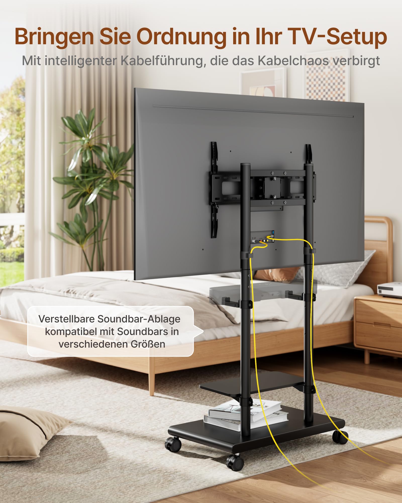 TV Ständer Rollbar mit Soundbar Halterung für 37-75 Zoll bis 70kg | Max VESA 600x400mm, Höhenverstellbar, Schwenkbar Neigbar, Stahl Fernseh Ständer mit Rollen, Stabile Doppelsäule & Ablage