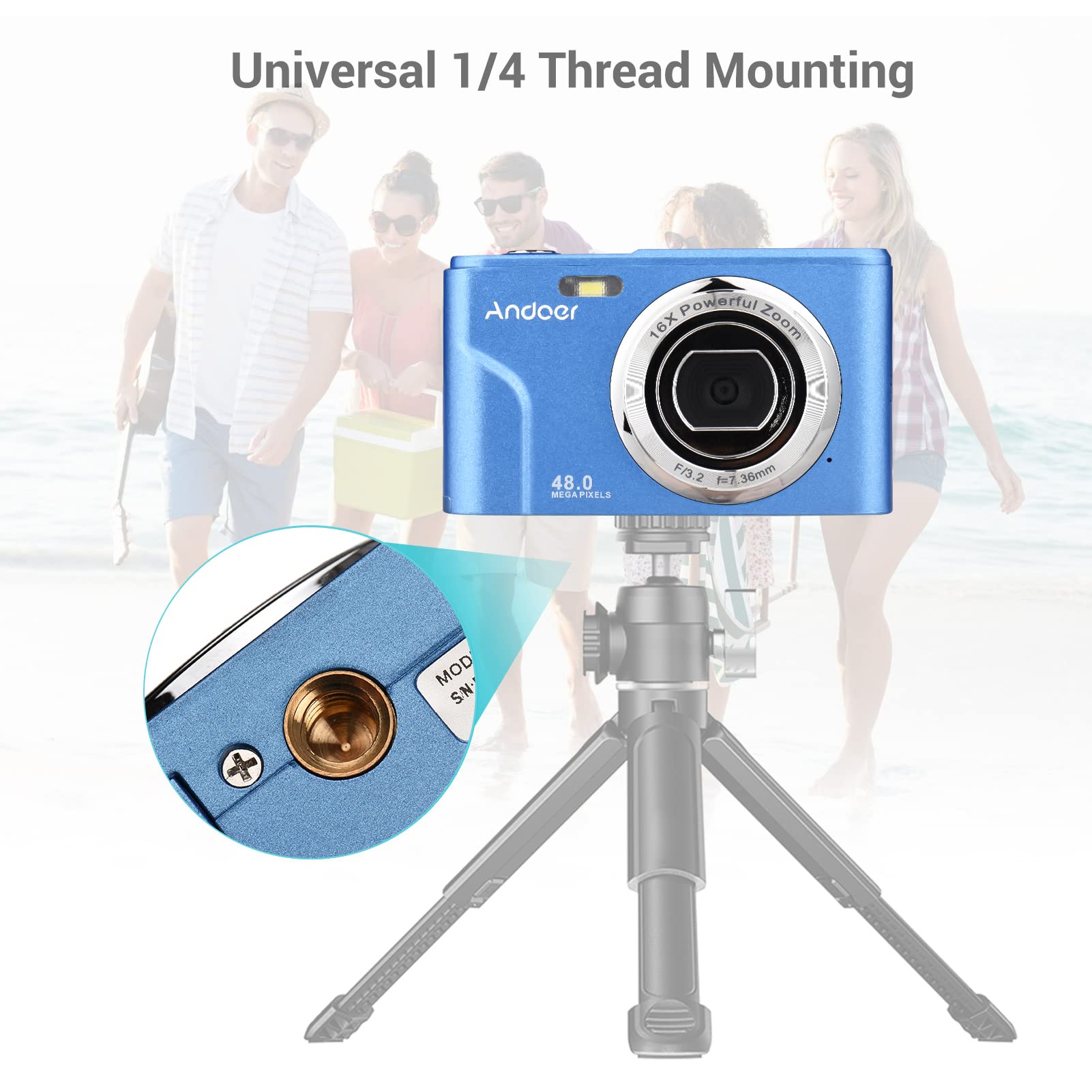 Andoer Aparat cyfrowy z autofokusem, 48 MP, 1080p, 2,4", aparat cyfrowy z 2 bateriami, pasek na rękę, torba do przenoszenia, dla dzieci, młodzieży, początkujących, studentów, ciemnoniebieski
