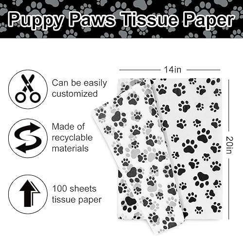 Miniatura 9 de Whaline 100 piezas de papel de seda con estampado de patas de mascotas, papel de regalo azul y blanco, papel de embalaje de patas de perro, papel de
