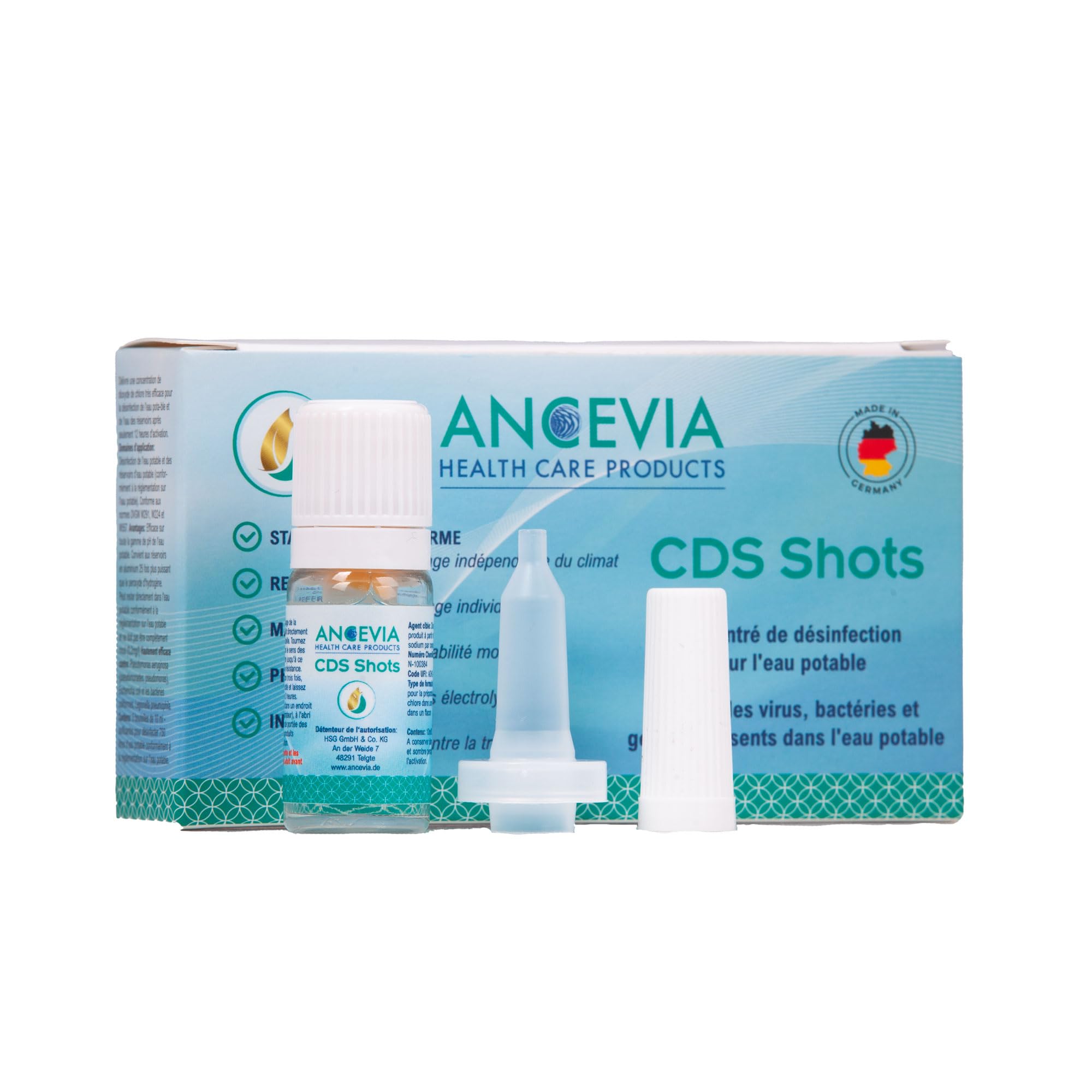 Titre : ANCEVIA® CDL Shots - Solution de Dioxyde de Chlore 0,3% - 5x10ml - Breveté - Fabriqué en Allemagne - À Faire Soi-même - Haute Pureté - pH Neutre - Longue Conservation