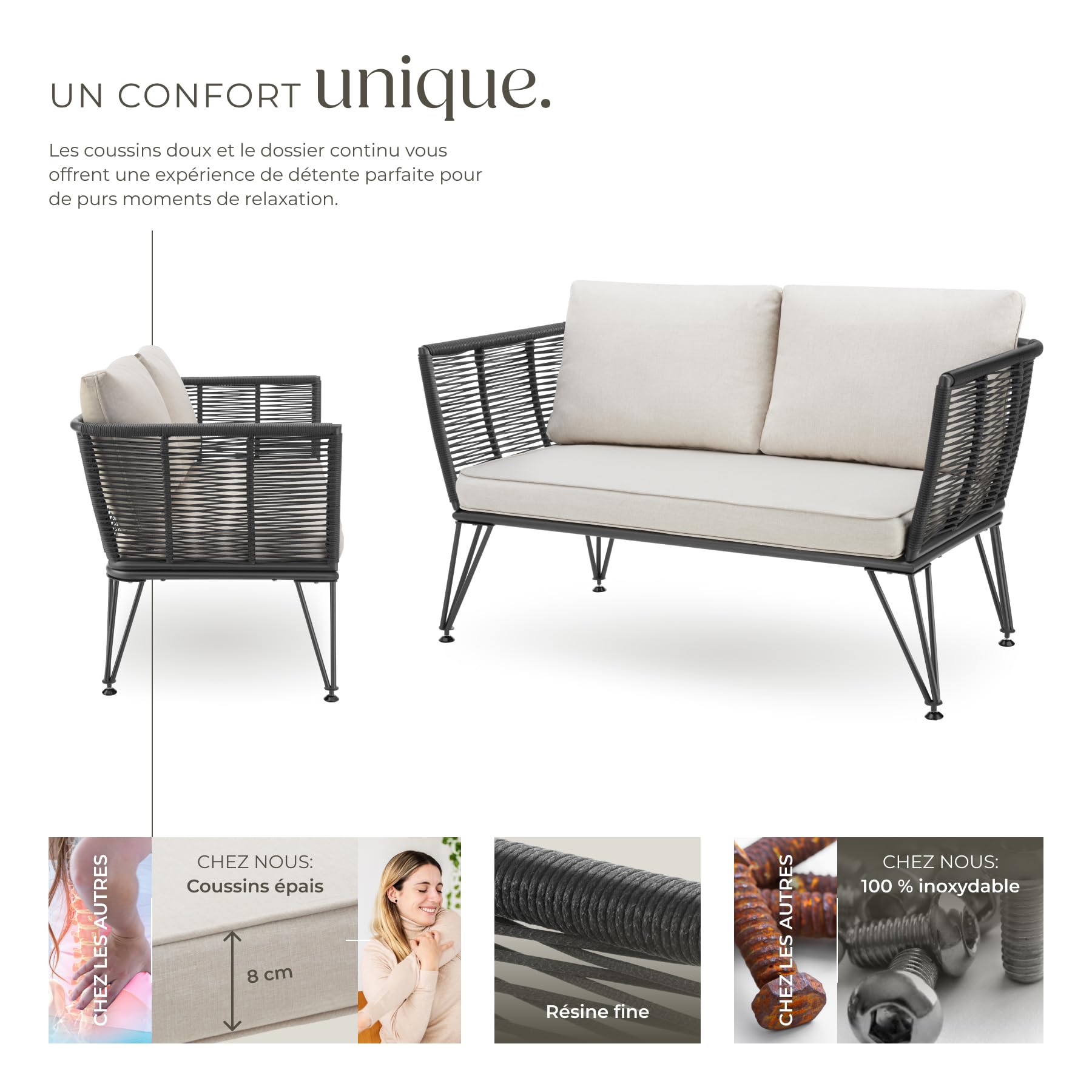 tectake® Canapé 2 Places Salon de Jardin Exterieur en Résine tréssée Salon Exterieur, Banquette de Jardin Coussins Inclus, Amenagement Balcon Terrasse Veranda Patio Maison
