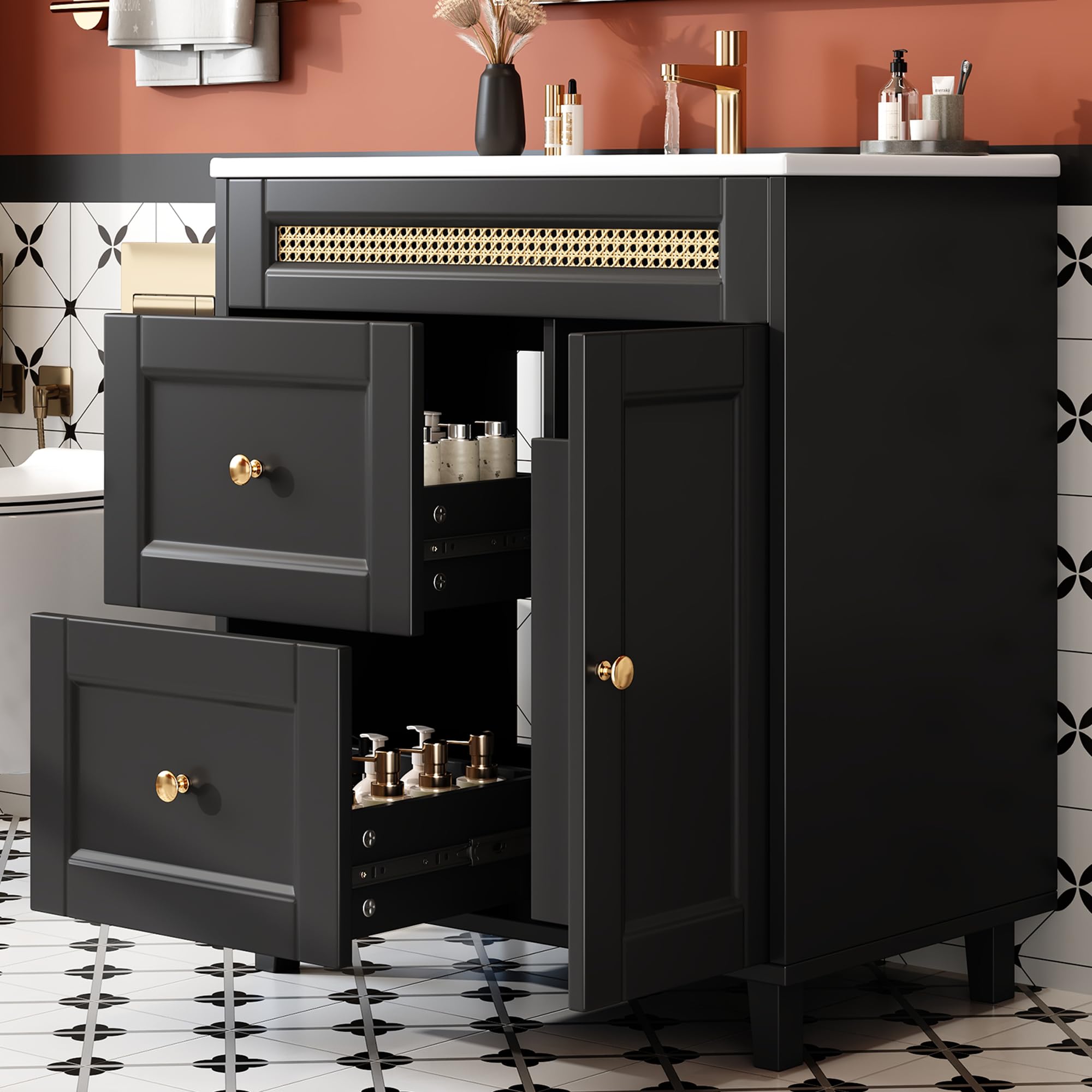 Tocador de baño independiente, rieles de cajones dobles silenciosos, puertas de armario con función de cierre suave, asas doradas y adornos de ratán, lavabo de cerámica, negro, 76 x 46 x 86,5 cm
