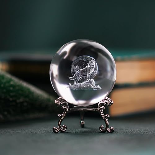 Miniatura 5 de ZEERSHEE Figuras de lobo de cristal 3D, regalos de lobo para hombre y mujer, bola láser de vidrio de 2.362 in, pisapapeles con soporte, lobo