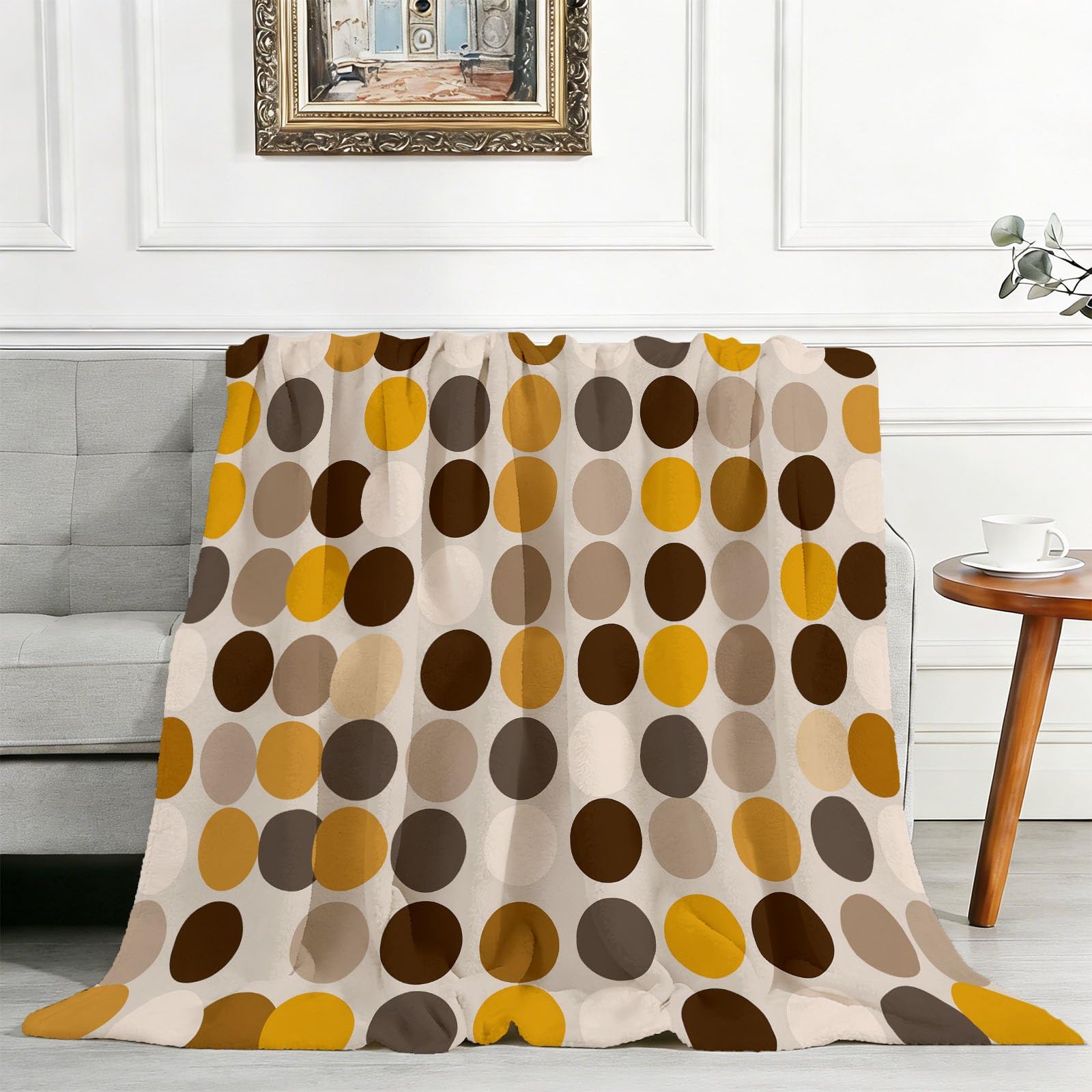 Przytulny koc 180 x 220 cm, koc polarowy w stylu retro, geometryczny nadruk, flanelowy, miękki, ciepły, puszysty koc w kropki, koła, na kanapę, sofę, do biura, łóżka, w podróż, brązowo-żółty