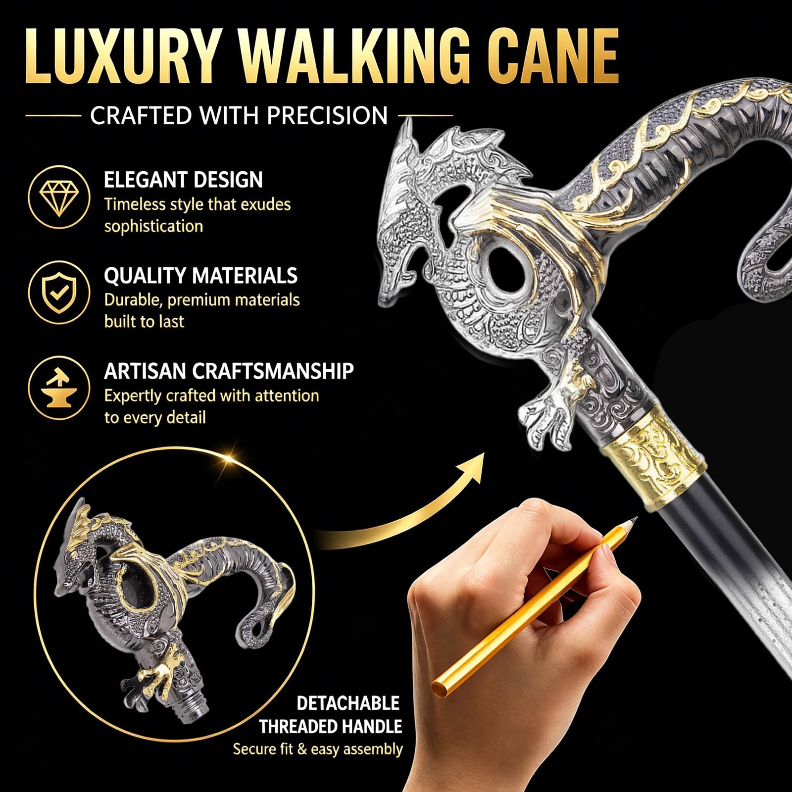 Canne de Marche Gothique à Motif Dragon - Canne à Pommeau Exceptionnel pour Homme - Canne Décorative Élégante avec Pommeau, Style Crossier, 93 cm
