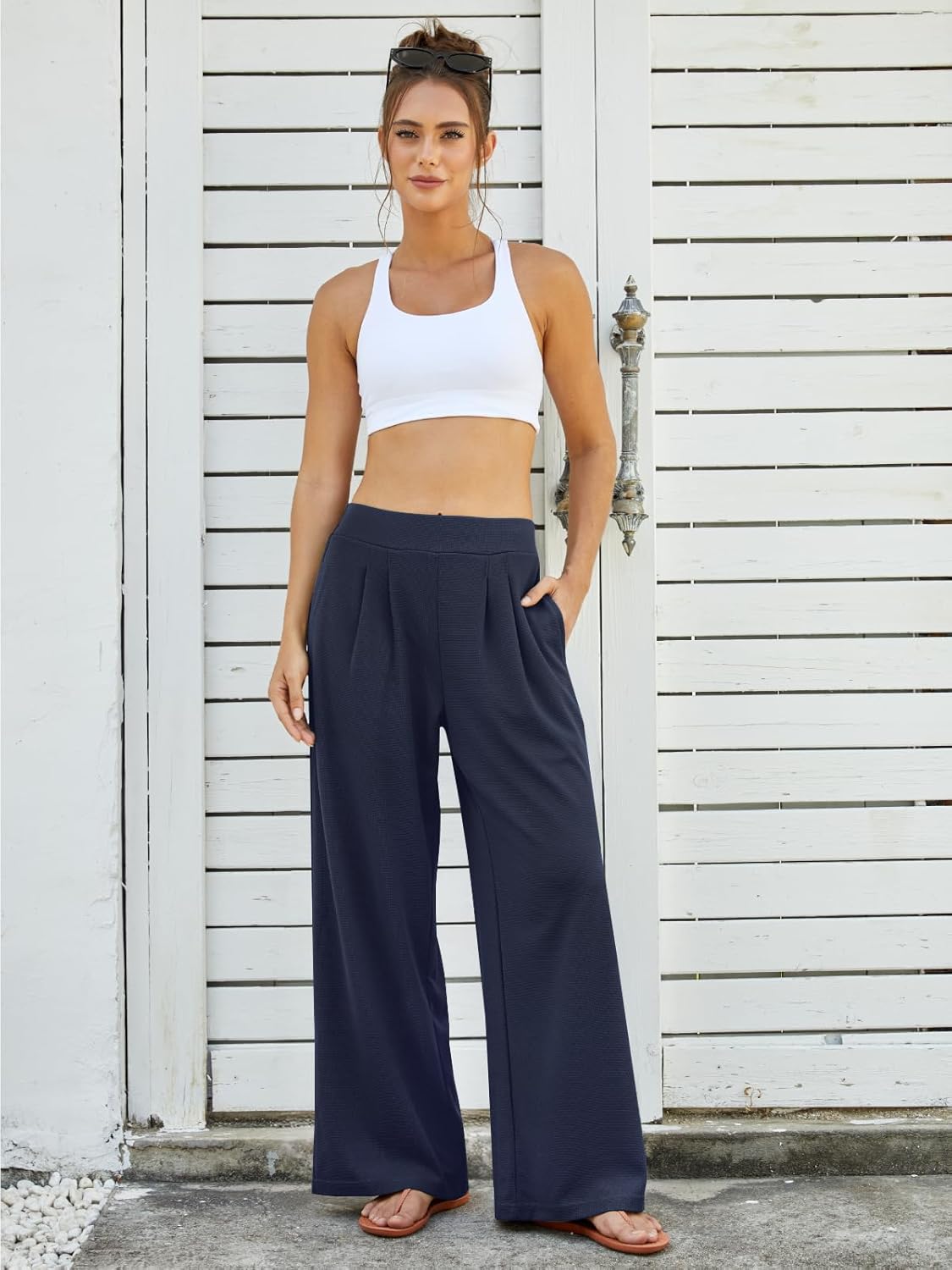 FireSwan Women's Wide Leg Pants Elastic High Waist Casual Palazzo Pants Trousers with Pockets - Image 3