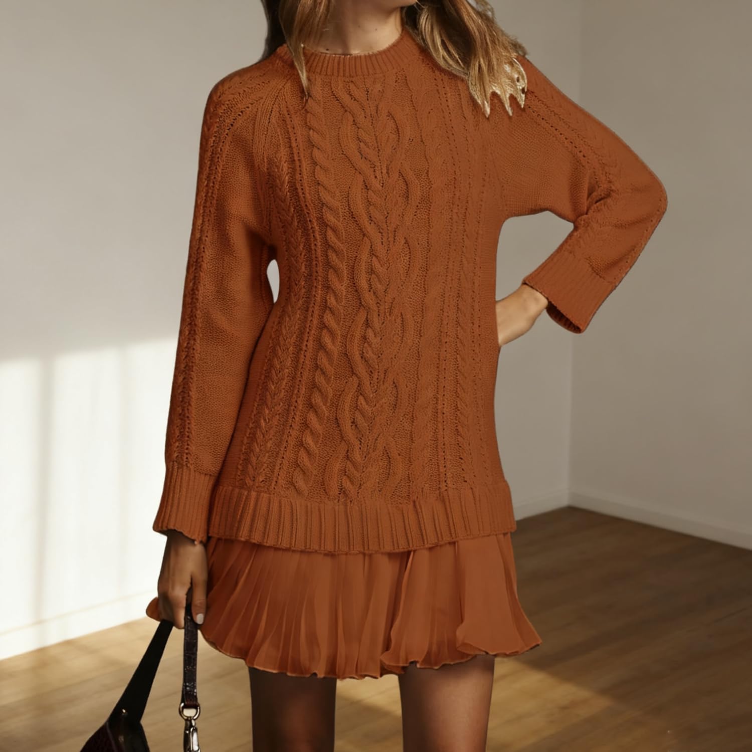 Vestido Mini de Punto Trenzado con Cuello Redondo para Mujer, Vestido Informal de Punto Trenzado con Cuello Redondo y Manga Larga para Mujer, Traje de otoño (Caramel,3XL)