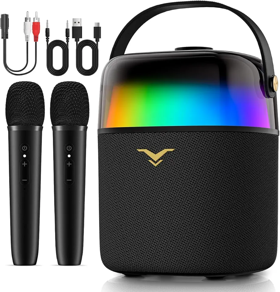 Caixa de Som Bluetooth Karaoke PartyFree, Partybox com Dois Microfones Sem Fio, Sistema de PA com Modo Discurso e Luzes LED Dinâmicas Embutidas, Suporta FM/AUX/USB/6,35mm, para Festa Presente