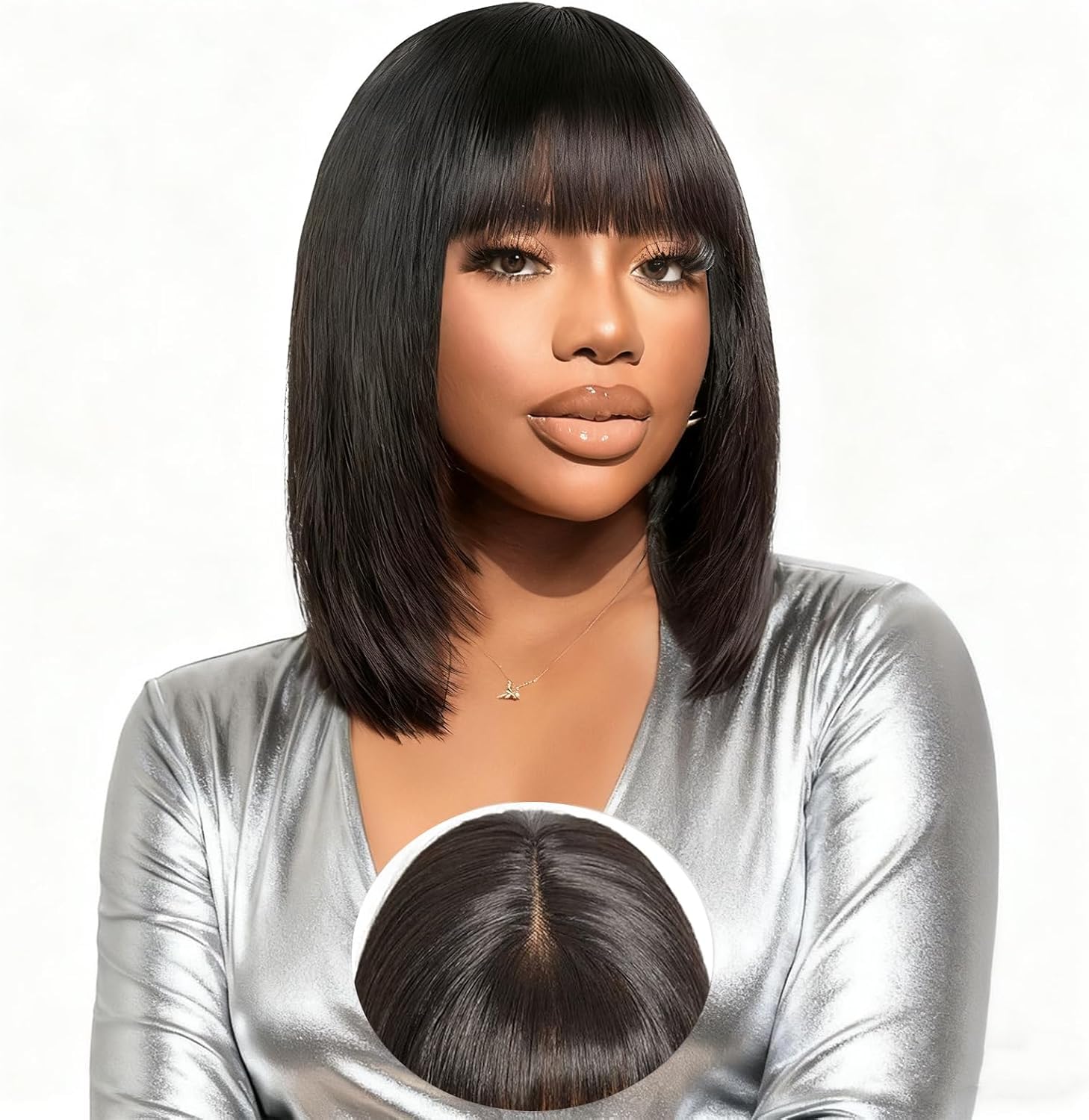tunfine Straight Human Hair Wig with Bangs 180 Density 2x4 Lace Closure Bang Wig 100% Burmese Virgin Human Hair Beginner Friendly Ready to Wear Glueless Wigs for Women 12 Inch