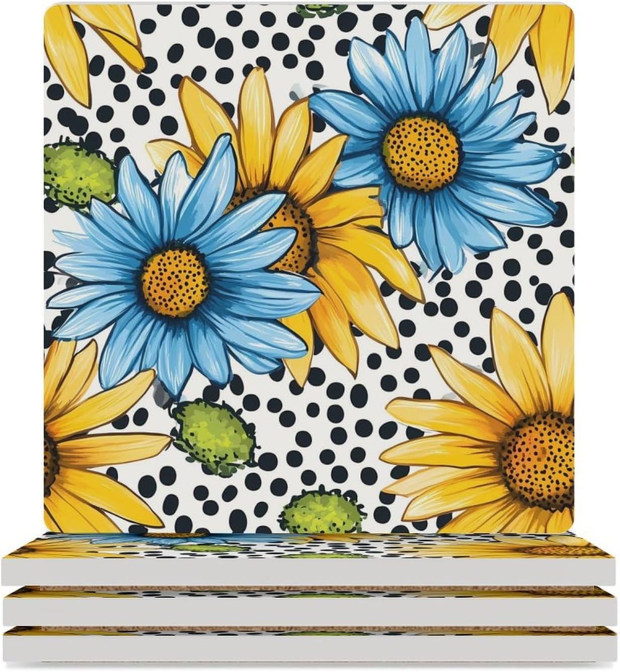 Sunflower Black White Spotted Coasters for Drinks Square Table Coasters Set Cup Mats with Cork Base