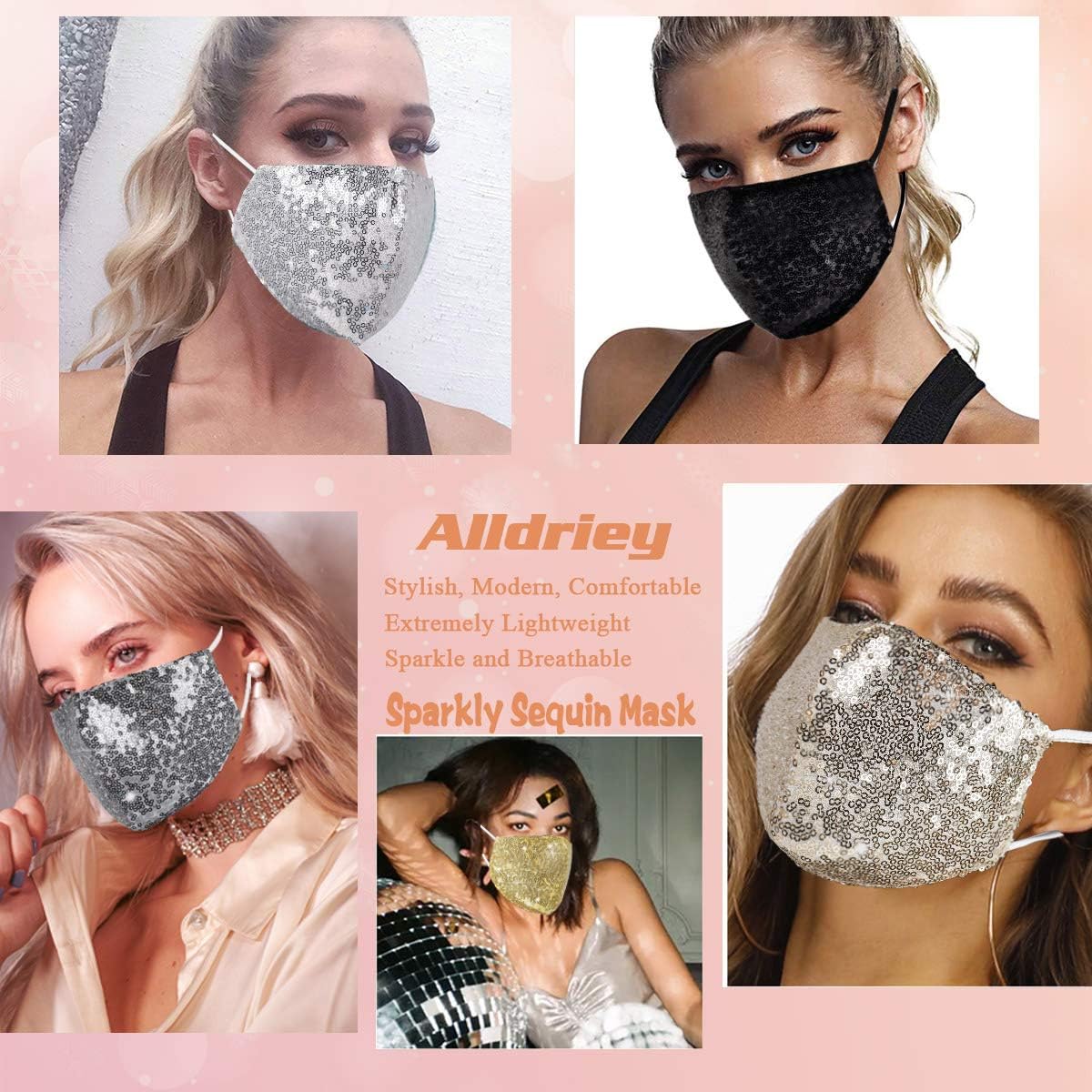 Rhinestone Sequin Bling Face Mask with Adjustable Ear Loops Lanyard Strap Clip for Women,Dark Gold Sparkle Glitter Diamond Bedazzled Crystal Decorative Cloth Covering Washable Reusable