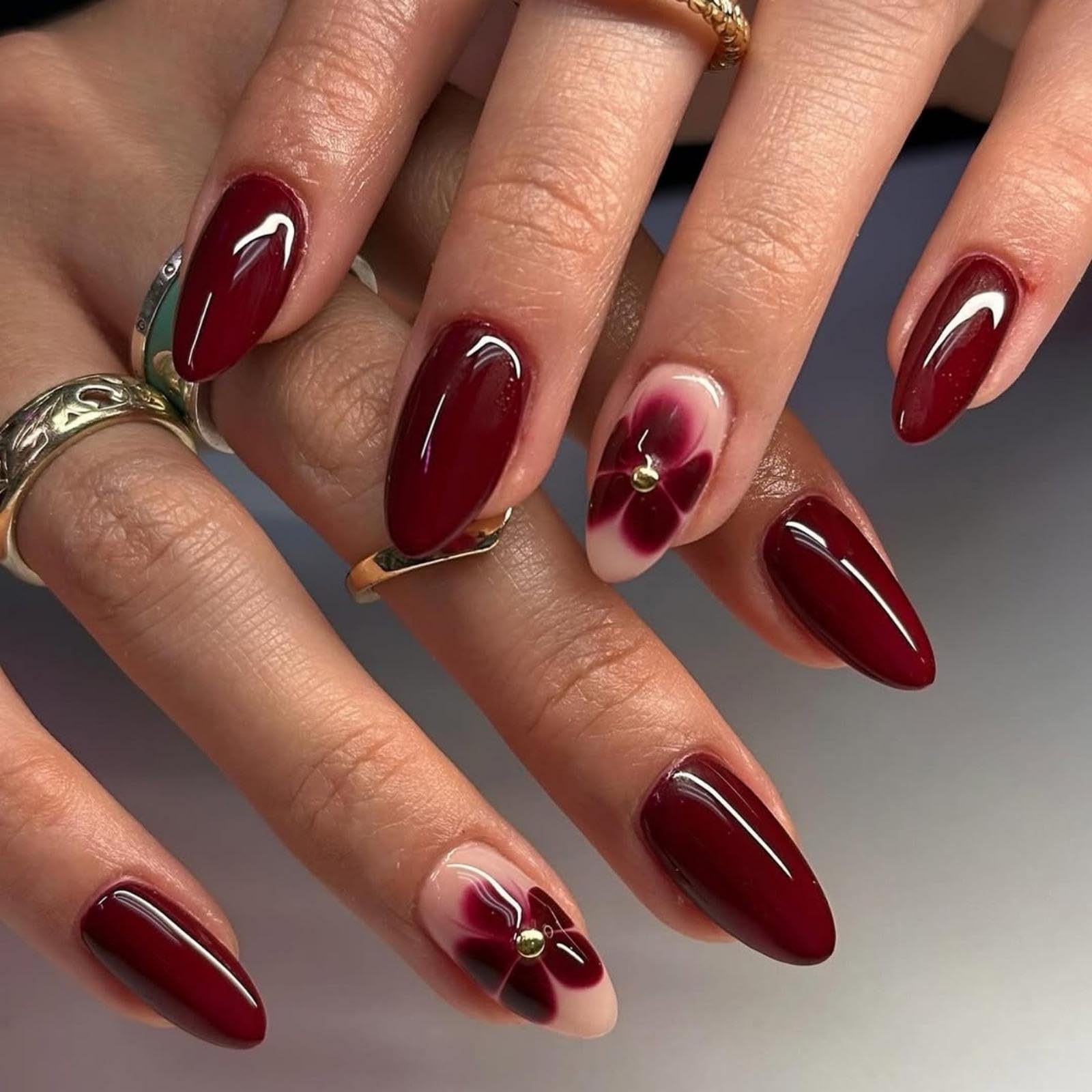 Wine Red Press on Nails Christmas Medium Almond Fake Nails with Flower Design Halloween Nail Press Ons Burgundy Glue on Nails Full Cover Reusable Glossy Xmas False Nail for Women Girls