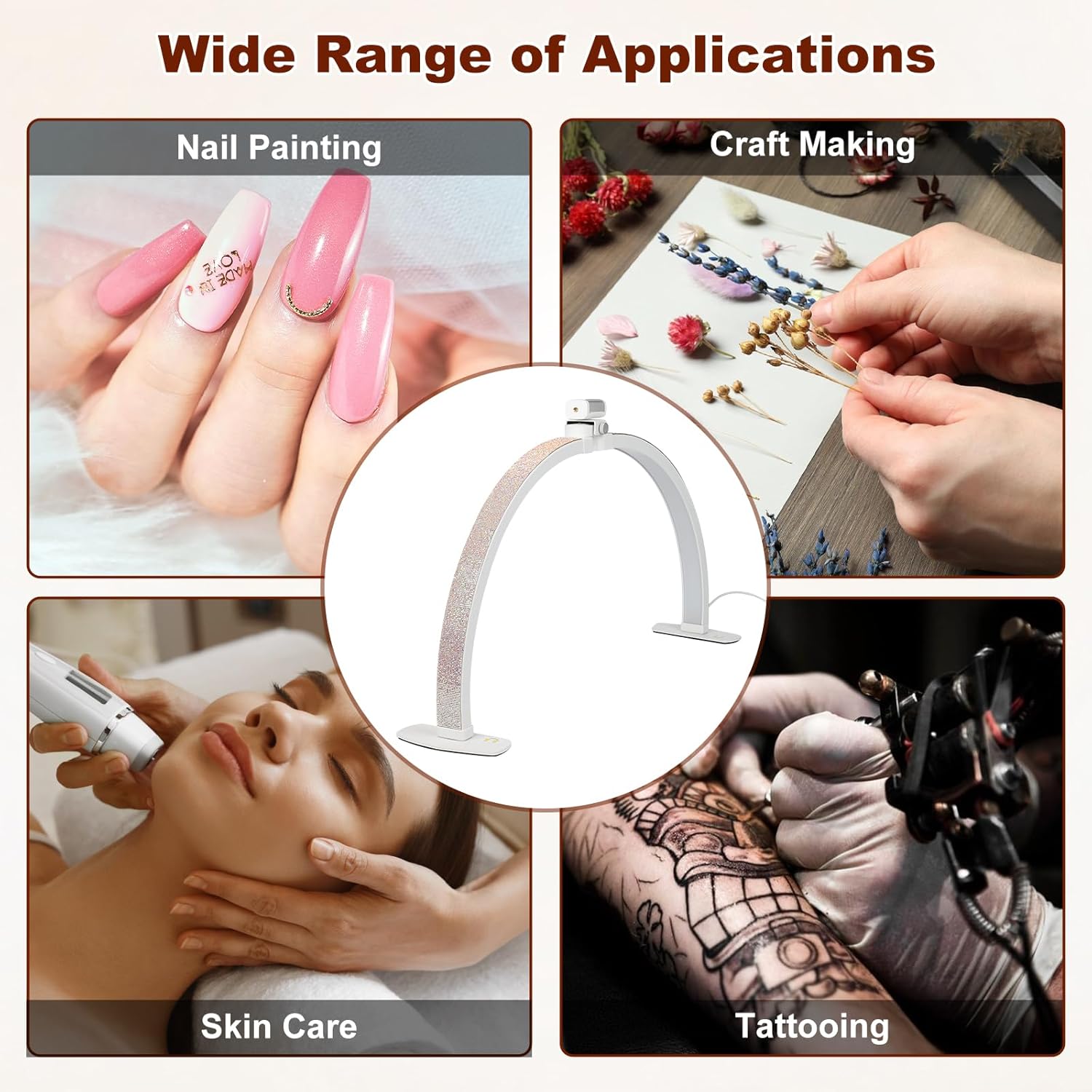 FAHKNS Half Moon Light for Nail Desk with Shining Diamond, 29IN LED Lamp with Phone Holder, Desk Lamp with 10 Levels of Adjustable Brightness, 3000-6500K Color Temperature, White