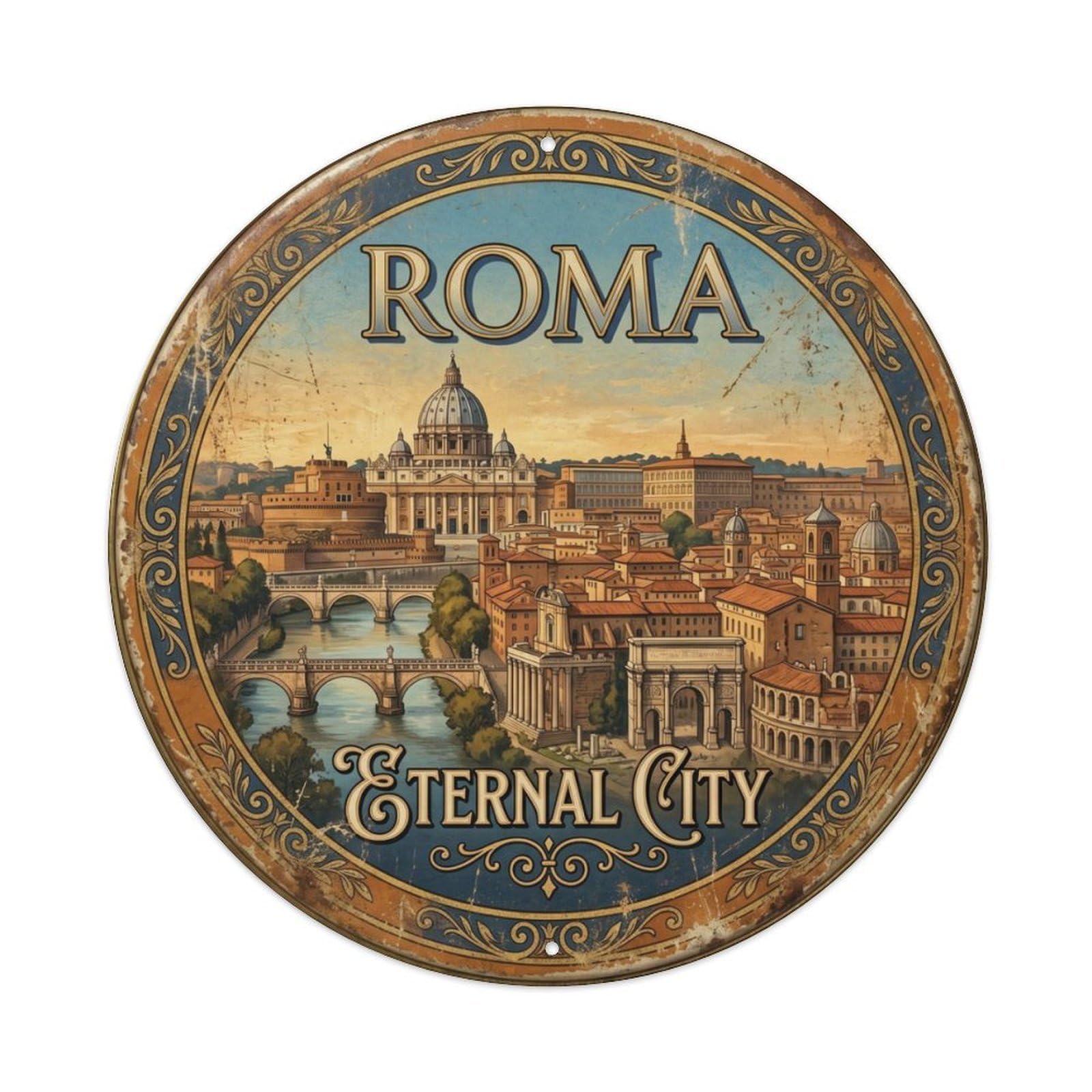 Vintage Travel Rome Vatican Dome Metal Tin Sign Plaque Wall Decor for Cafe, Club Bar, Office, Home Garden Round Metal Poster 8x8Inch