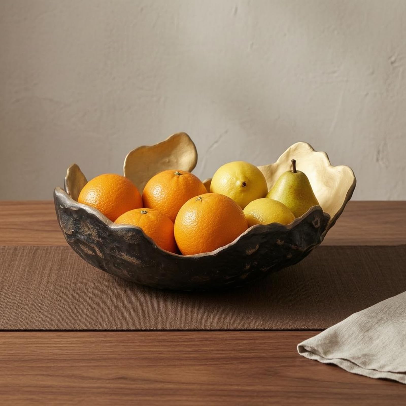 Corbeille à Fruits En Métal Intérieur Lisse Relief Texturé Aspect Luxe Décoration Maison, Noir Extérieur, Or Intérieur
