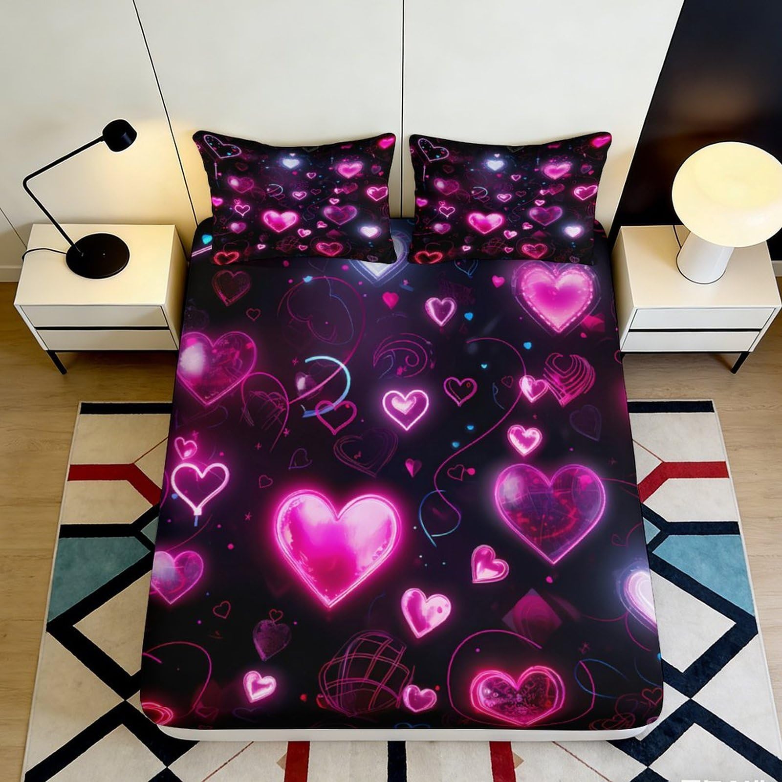 3D Printed Pink Heart Fitted Sheet Microfiber Soft Breathable Dark Romantic Love Mattress Cover for Bedroom Dorm Mattress Decor 90x200x25cm