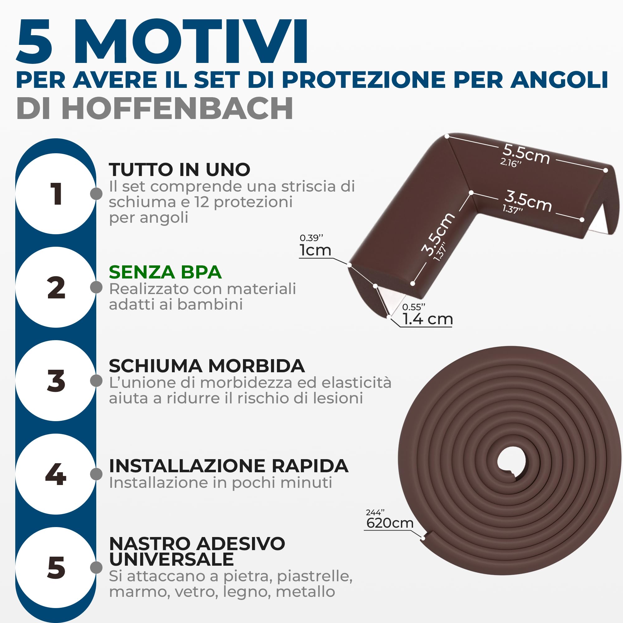 Hoffenbach Paraspigoli per Bambini, 6,2 m + 12 Angolari, Paracolpi Lettino Neonato e Mobili, Para Spigoli Bimbi in Gomma, Marrone Cioccolato - 3