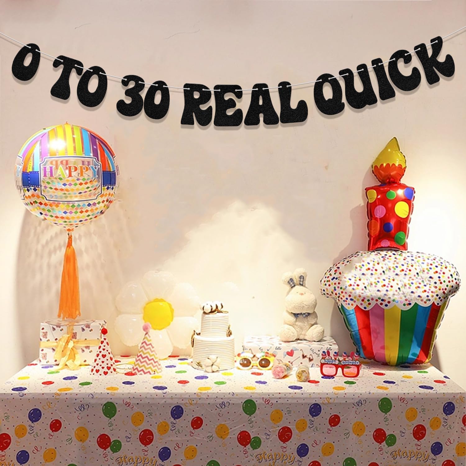 0 To 30 Real Quick Banner - Funny 30th Birthday Party Decor, Black Glitter Sign For 30th Birthday Celebration, Flirty & Thriving Theme - View #3