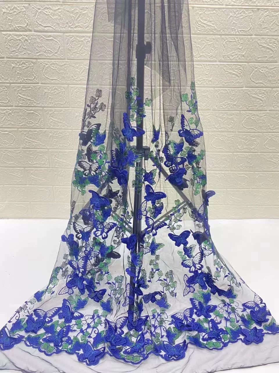 3D Butterfly Floral Tulle Fabric, 51in Floral Embroidered Mesh Lace Fabric Garment Accessories for Wedding Dresses, DIY Party Tablecloth, Furniture Decoration (Dark Blue, 2 Yard (70x51 inches))