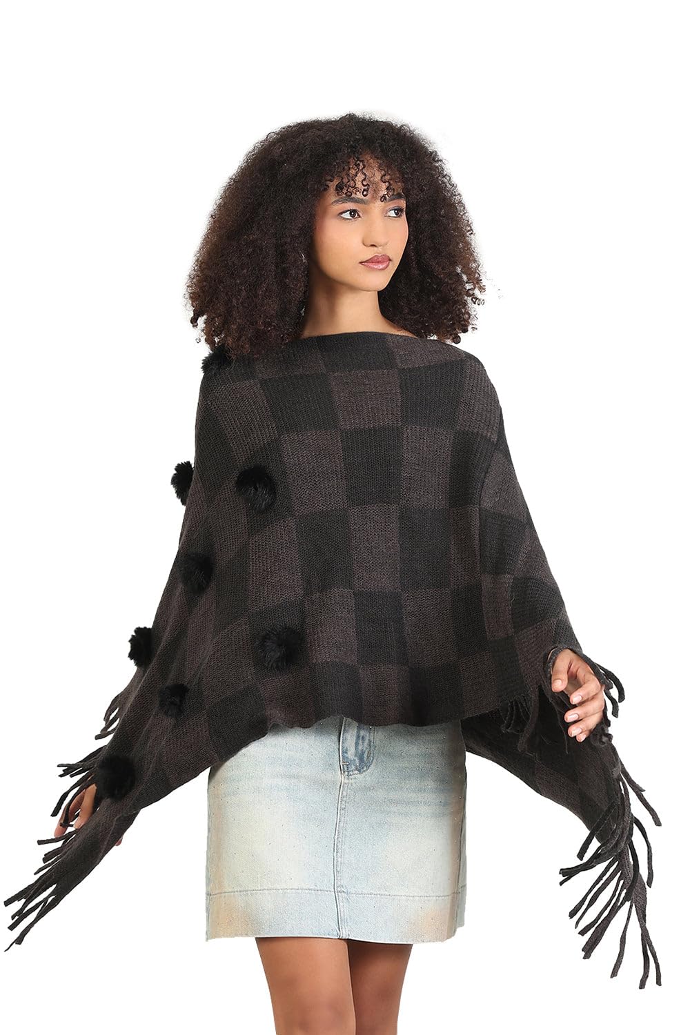 Women's Checked Grey Fringed Edge Poncho-CHN-07_Grey-image-27