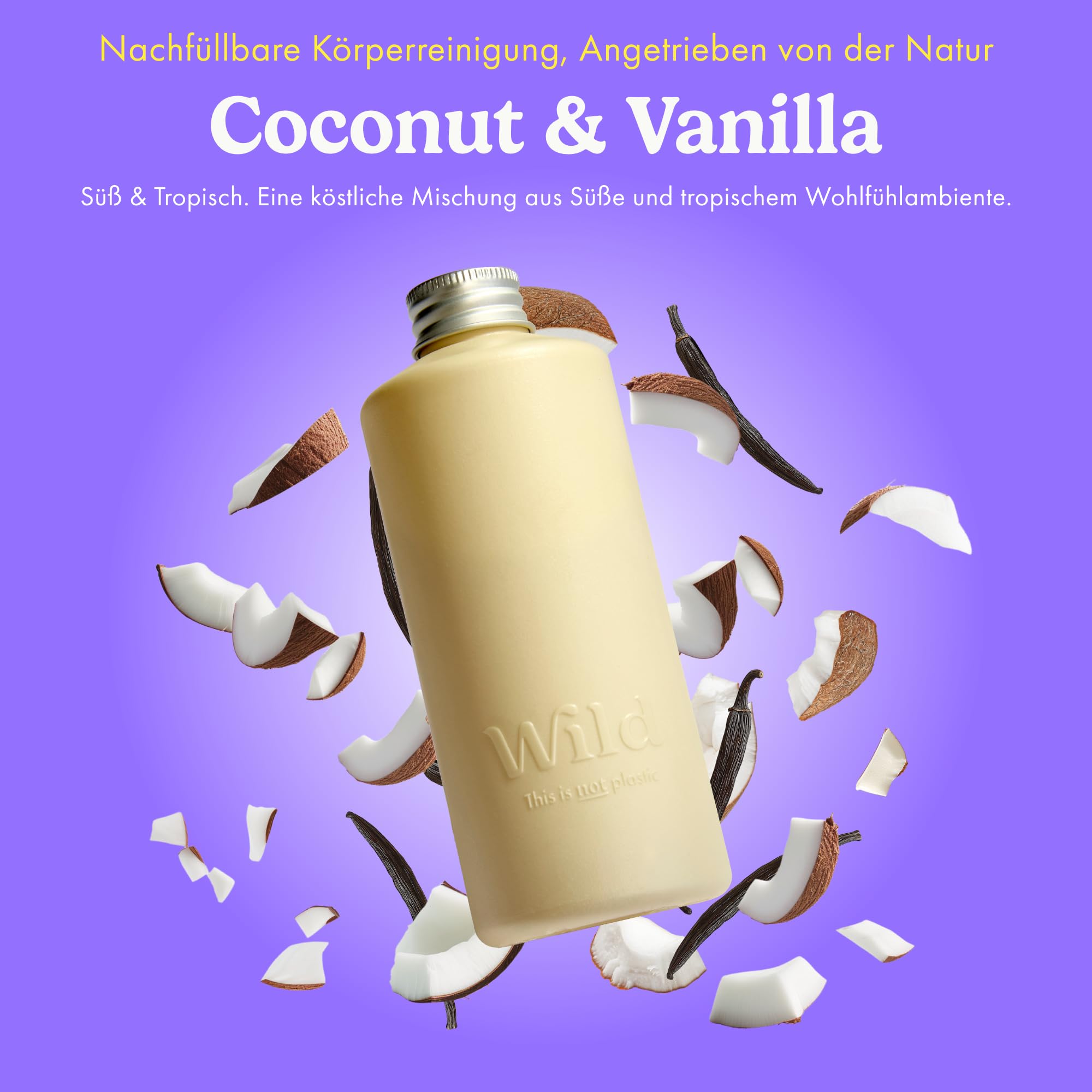 Wild Nachfüllbares Body Wash Starter‑Kit – Ivory Aluminium‑Case & 3er‑Pack Duschgel‑Nachfüller – 95 % natürliche Inhaltsstoffe – Coconut & Vanilla, Honey & Almond und Amber & Oud