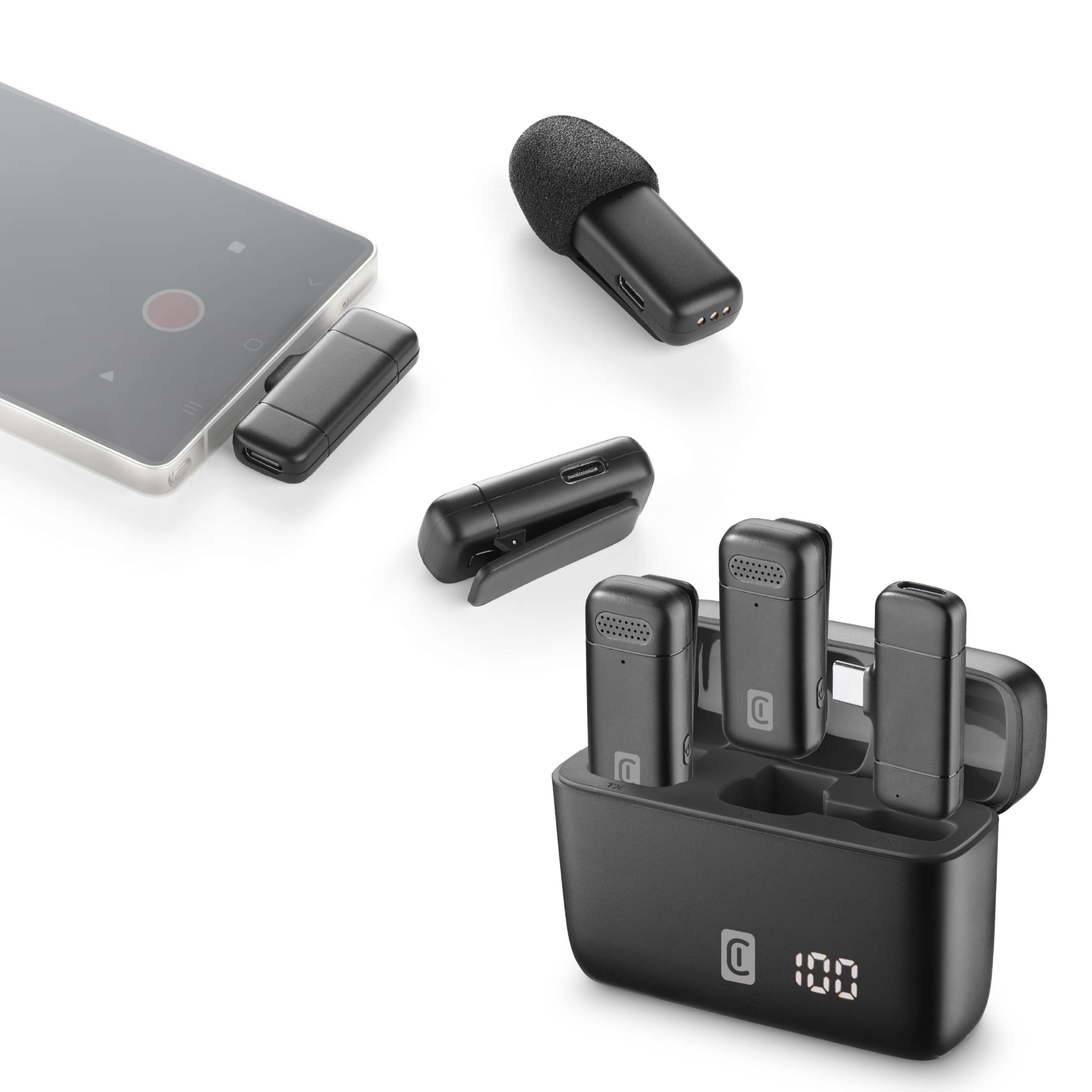 Cellularline Talk Pro bezprzewodowy mikrofon USB-C do wideorozmów, vlogów i kreatywnych treści, z funkcją Plug and Play, redukcja hałasu dzięki ENC, 6 godzin pracy baterii, słuchawki monitora, w