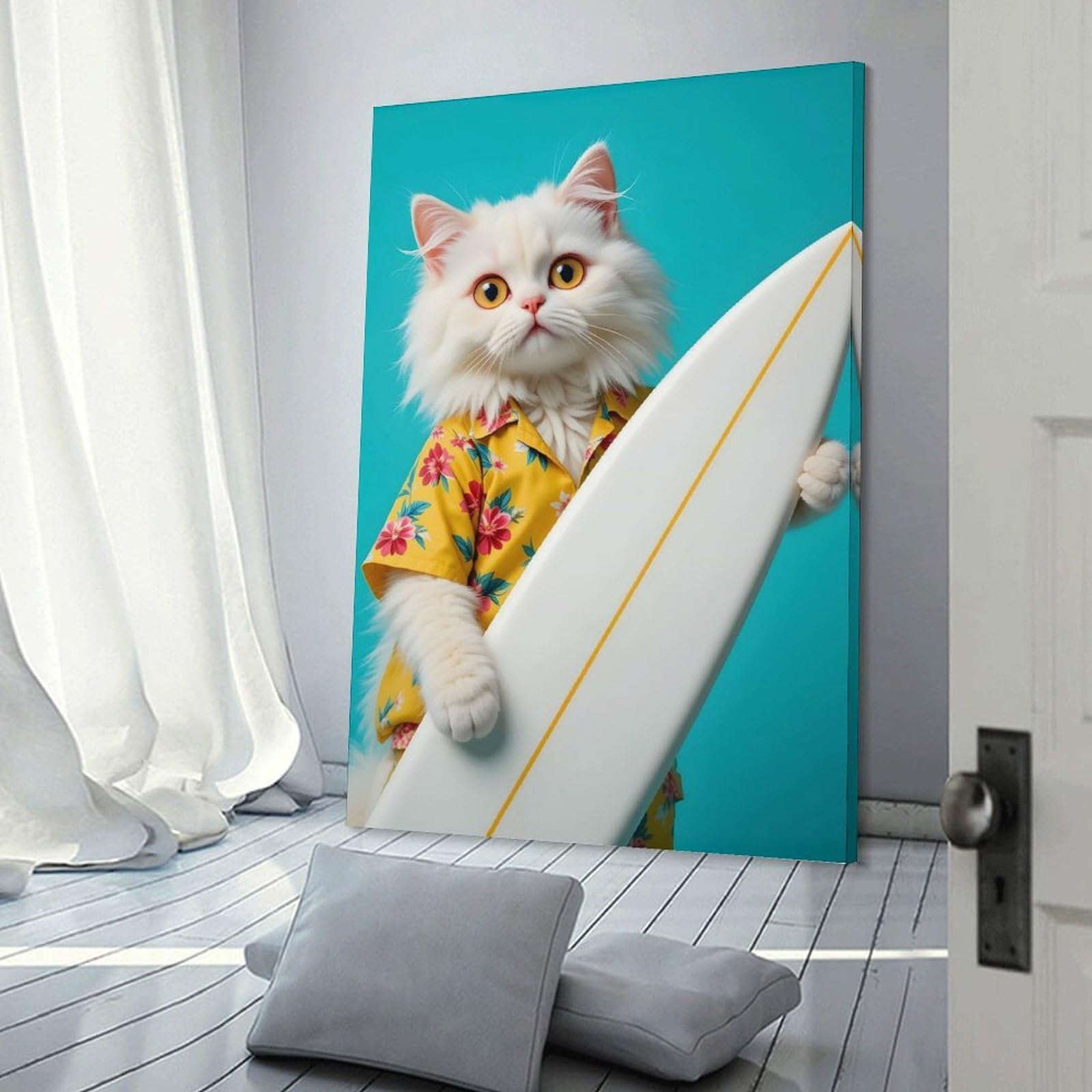 Junmoney Frame-Style-22 Wall Picture Print Cat Surfer, 12X18inch(30X45cm), For Entrance Walls, Hall Decor Or Foyers, Home Artwork For First Impressions