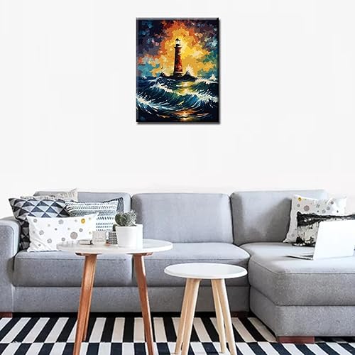 Miniatura 2 de Faro por la noche, kits de pintura por números con pinceles, paisaje de mar tropical, pintura al óleo acrílica para adultos y niños, imágenes