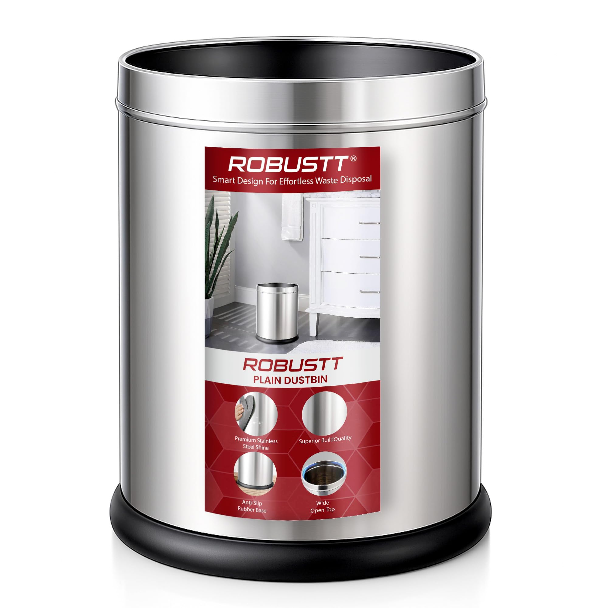 Robustt Silver Stainless Steel Solid Open Top Dustbin - 10L-picture-10