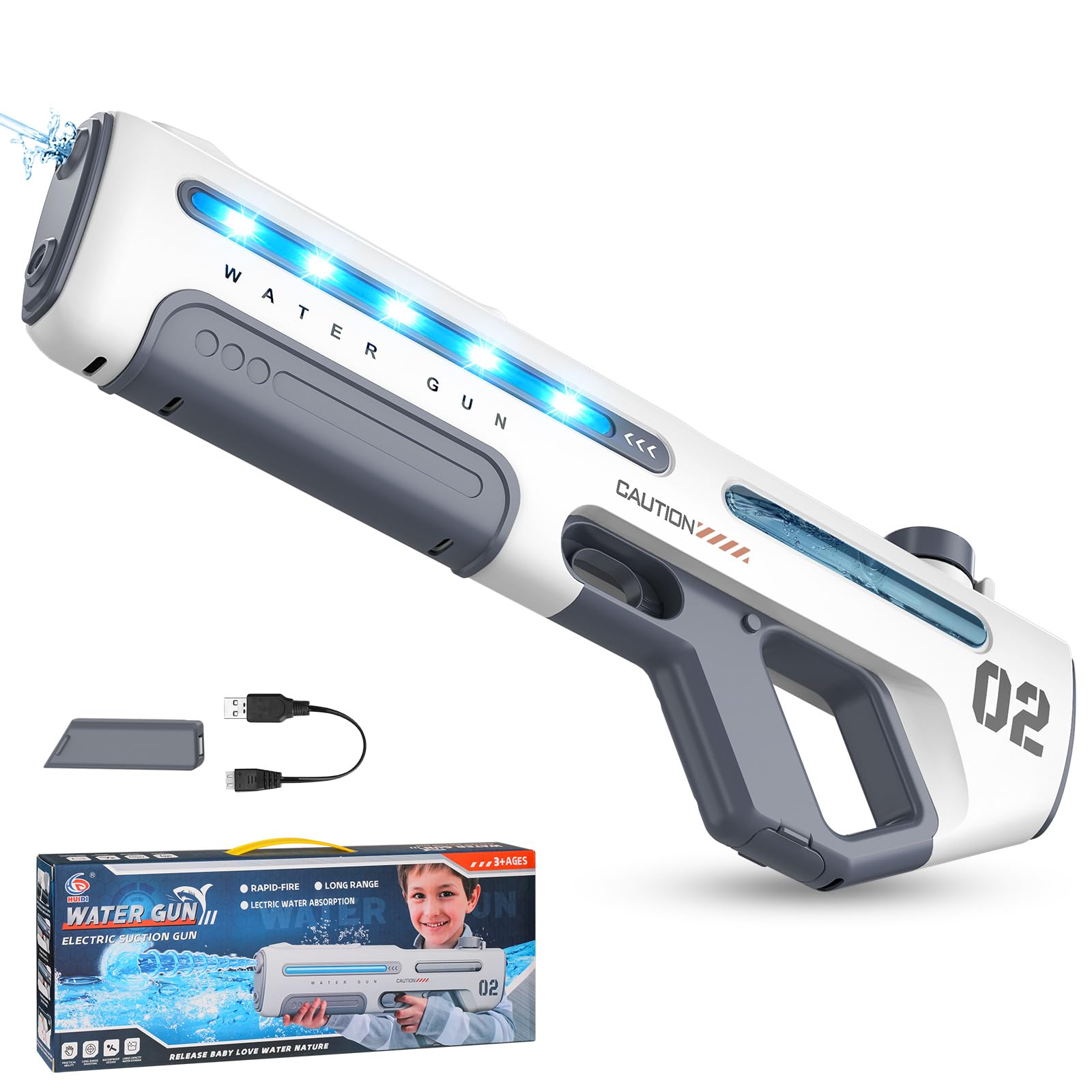 Electric Water Gun for Kids Adults, Automatic Rapid-Fire Water Pistol with Self-Suction and LED Lights, 10M Long Range, Powerful Squirt Gun,190ml Capacity Soaker for Pool Beach Garden Games (White)