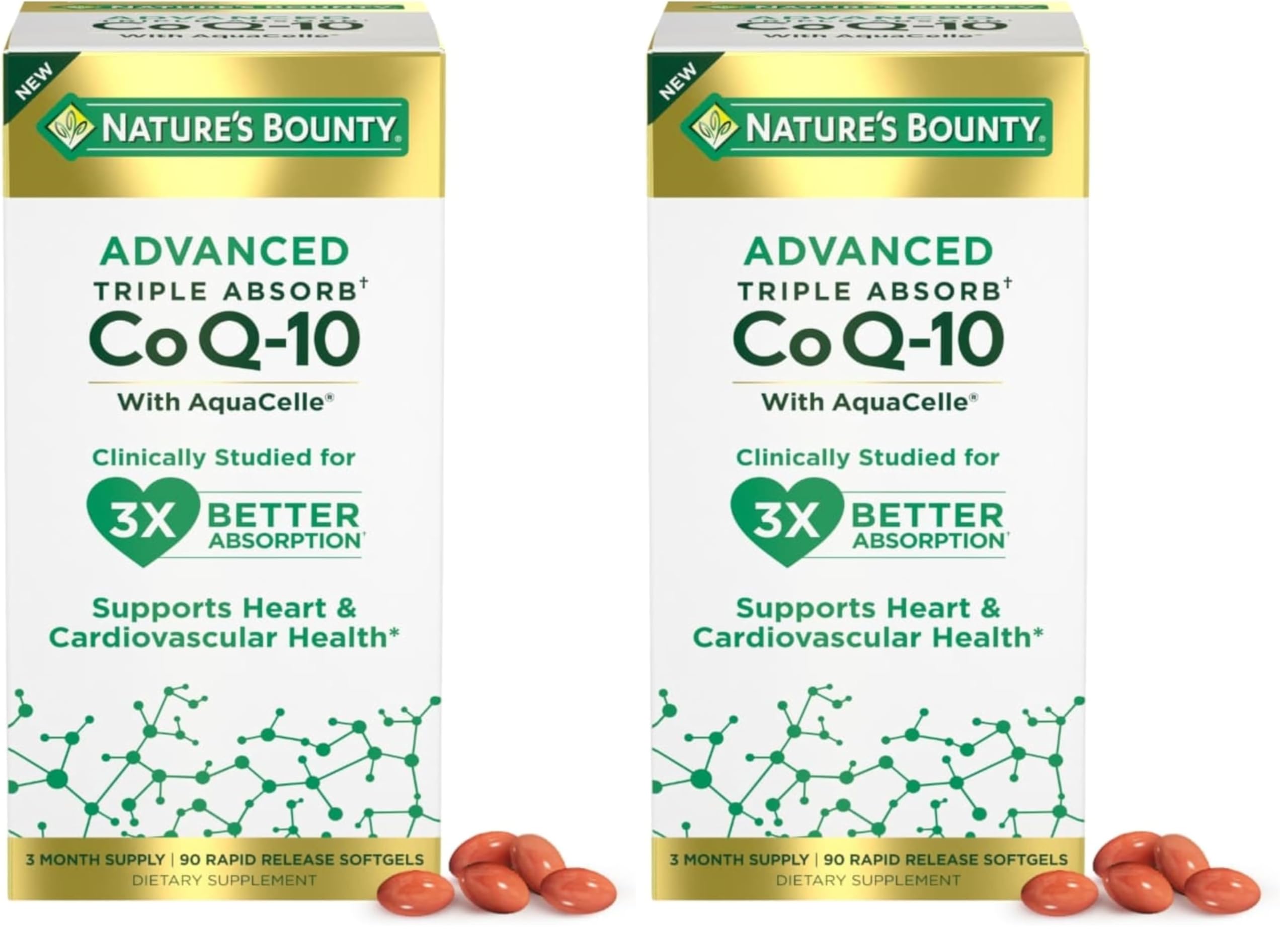 Nature's Bounty Advanced Triple Absorb Co Q-10, Heart Health, Rapid Release Softgels, 90 Ct (Pack of 2) 90 Count (Pack of 2)