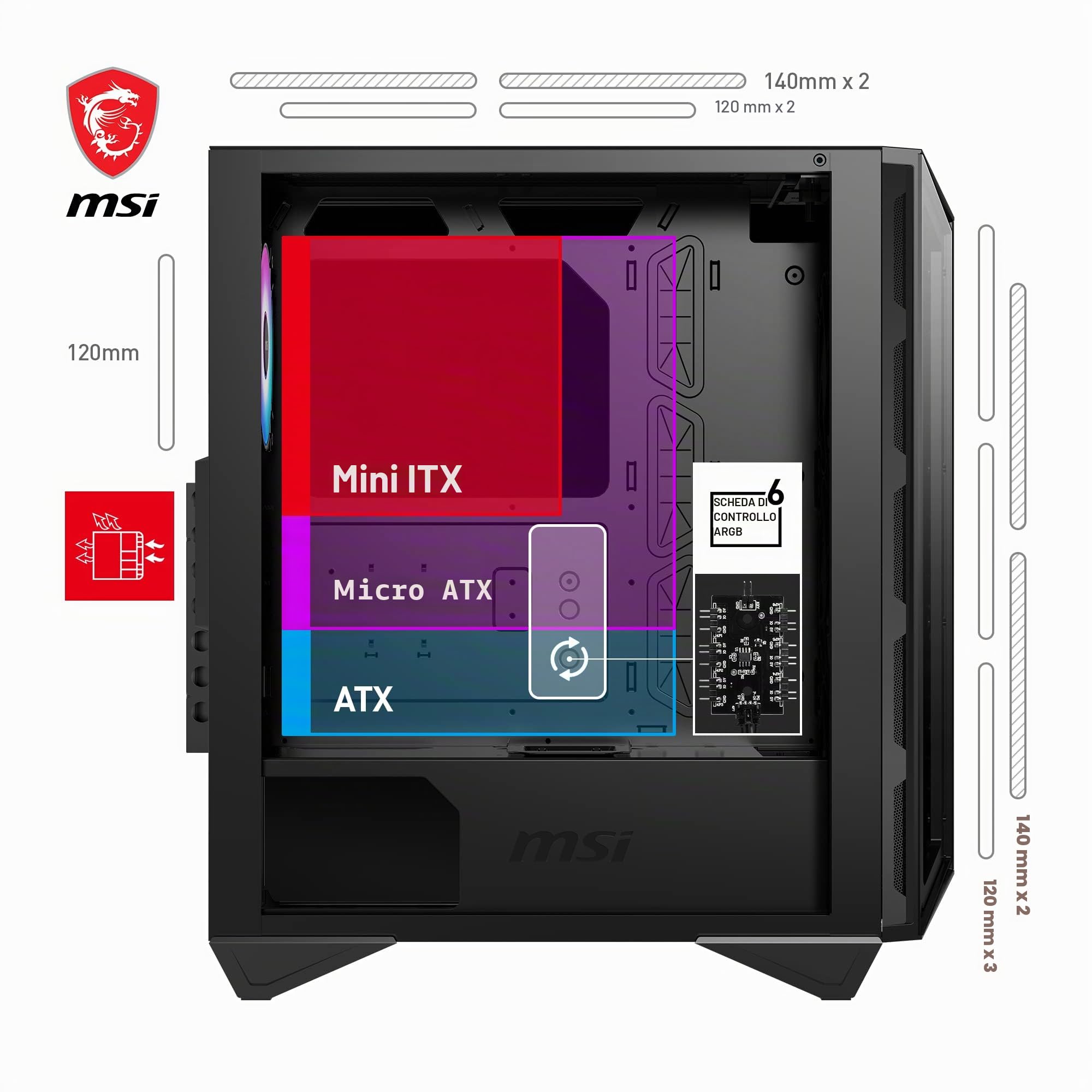 MSI MPG GUNGNIR 110R - Case PC, Mid-Tower, USB 3.2 Gen2 Type-C, controller ARGB da 1 a 6, 2 pannelli in vetro temperato, compatibile ATX, mATX e Mini-ITX