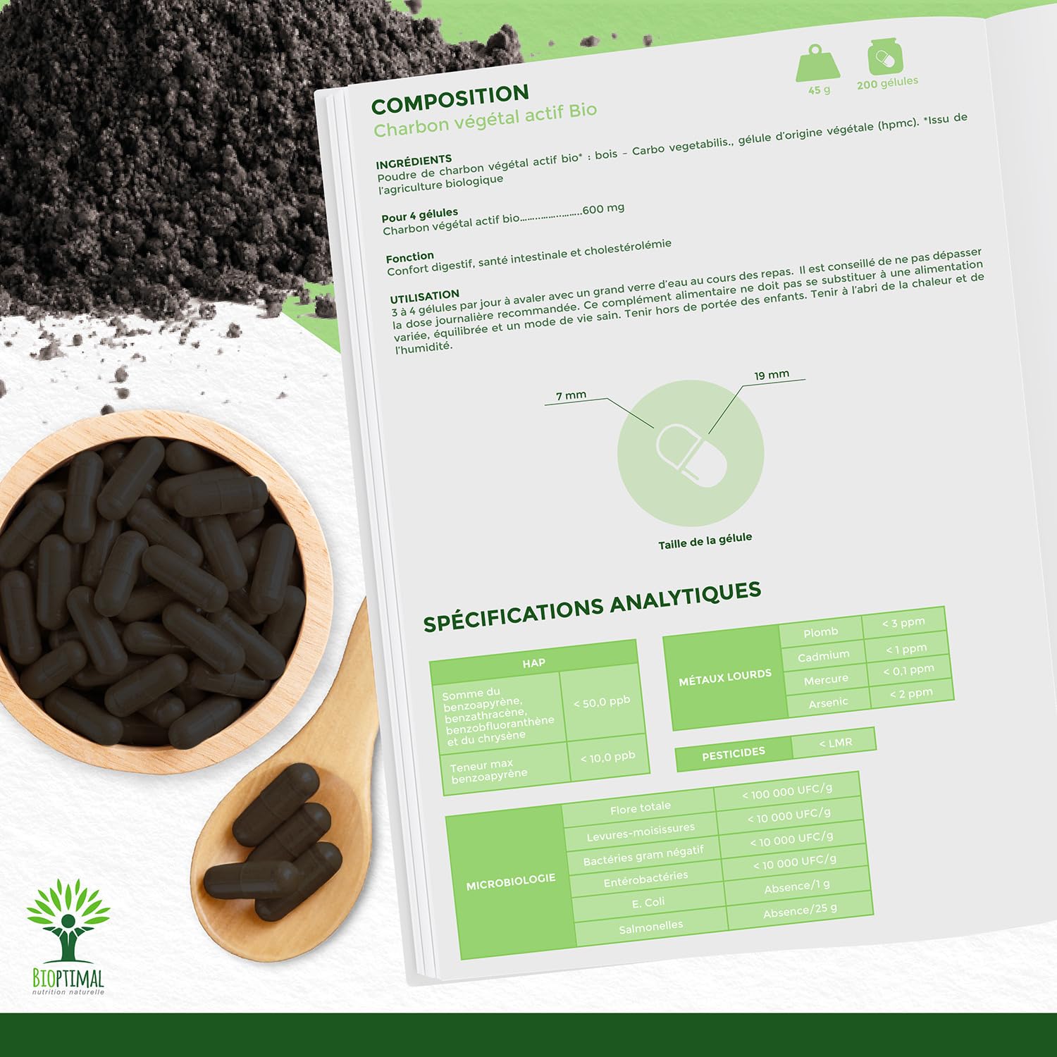 Charbon Végétal Actif - Bioptimal - Complément Alimentaire - Ventre Plat Digestion Anti-Ballonnement Gaz - 150 mg de Poudre Active Pure par Gélule - Fabriqué en France - Certifié Ecocert - 200 gélules