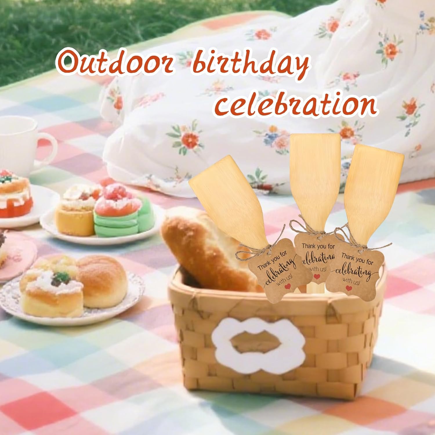 60 Sets Bamboo Spatula with Thank You Cards and Hemp Rope 12 Inch Flat Handle Cooking Wok Spatula for Kitchen Utensils Housewarming Party Birthday Wedding