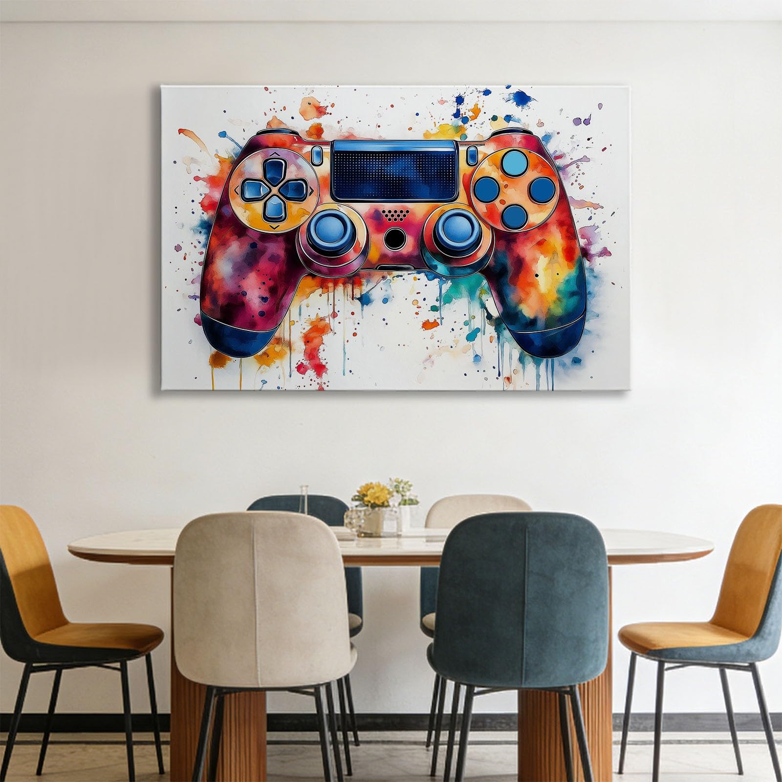 Générique Impression Sur Toile Encadrée Moderne Aquarelle Gaming Manette, Tableau sur toile Cadre Art Mural Peintures Murale Decoration Salle De Jeux Chambre Salle De Loisirs 120 x 80 cm