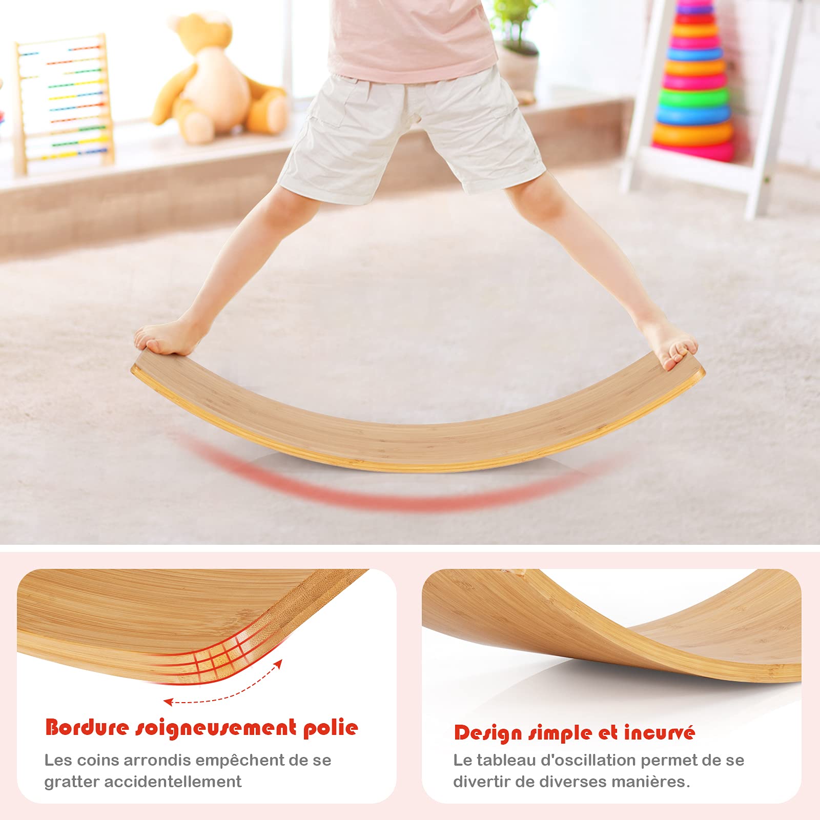 COSTWAY 6 en 1 Planche d'Équilibre Enfant en Bois, Balance Board Incurvé, Charge 150kg, 90,5 x 29,5cm