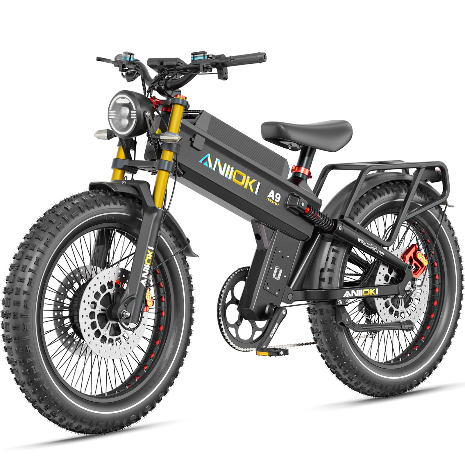 ANIIOKI5600W Dual Motor Electric Bike for Adults,46MPH with 60V 70/80AH Battery Ebikes,Fat Tire All Terrain Electric Bike, Full Suspension E Bike, 7-Speed Gear Electric Bicycle