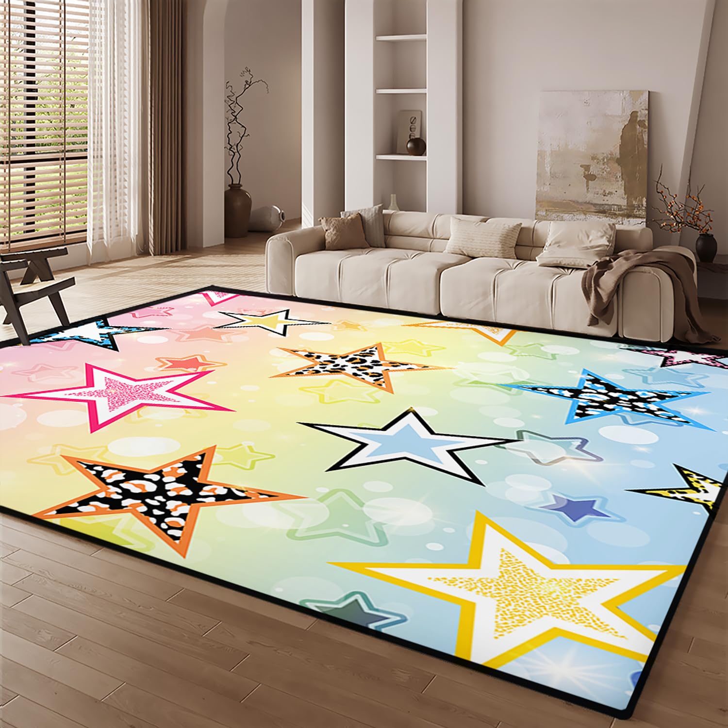 HOSIMA Teppich, Weiche Bodenmatte, Regenbogen-Stern-Druck, Rutschfeste Schlafzimmer Matte, Kurzflor Flauschige Matte, Waschbar, 150x200 cm, Stern