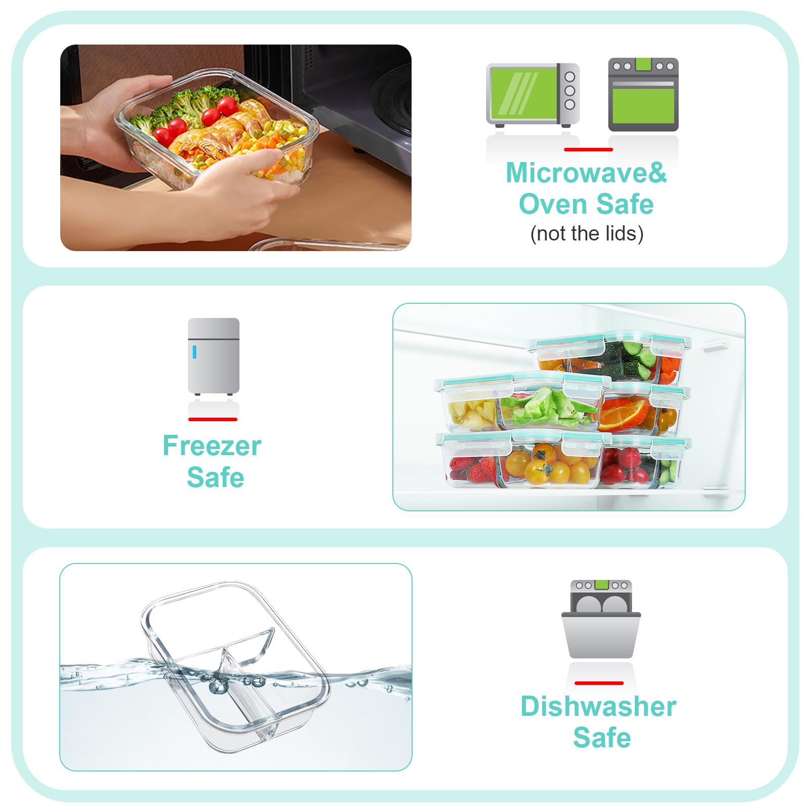 BAYZZ Confezione da 5 contenitori per alimenti in vetro da 992,2 g, 3 scomparti, contenitori per alimenti in vetro con coperchio, ermetici, contenitori per il pranzo, adatti per microonde,