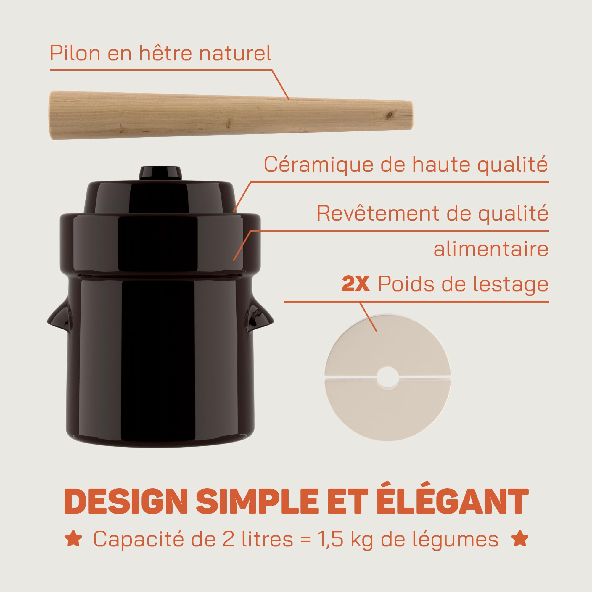 Kenley Pot de Fermentation 2 Litres - Jarre en Grès pour Fermenter ou Mariner Kimchi, Choucroute, Cornichons, Légumes, Kombucha - Fermenteur en Céramique avec Poids, Couvercle & Pilon