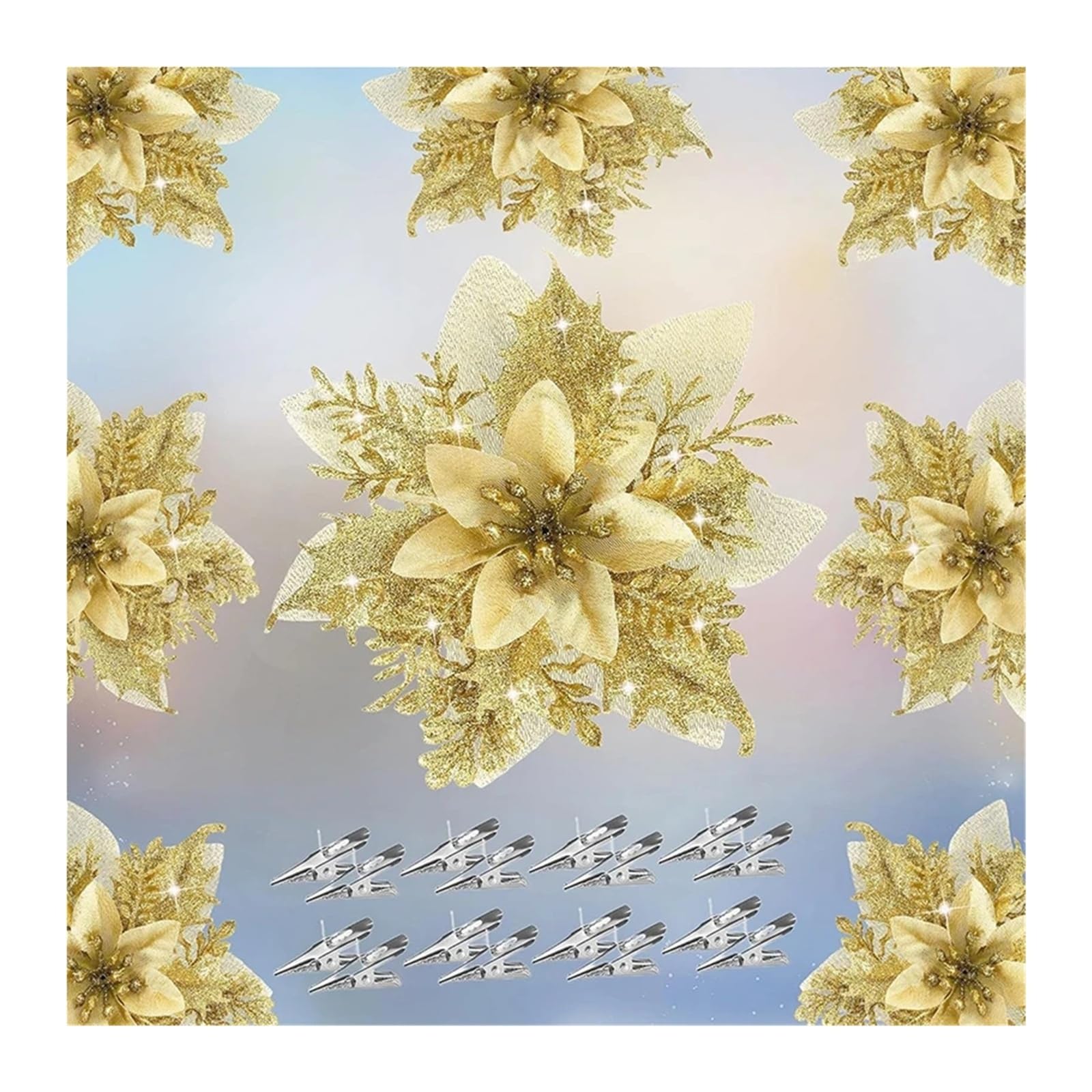 CVEVSFG 2/5Pcs 14cm Glitter Artifical Flowers Mreey Tree Decor Happy Year Ornaments Xmas Fake Natal(Gold,2Pcs)