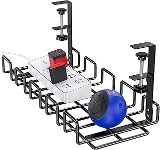 No Drilling Under Desk Cable Management, Large Space Metal Desk Cable Management, Adjustable and Removable Cable Management Tray Fits Most Table, Chunmi Black Cable Management Under Desk (1 Pack)