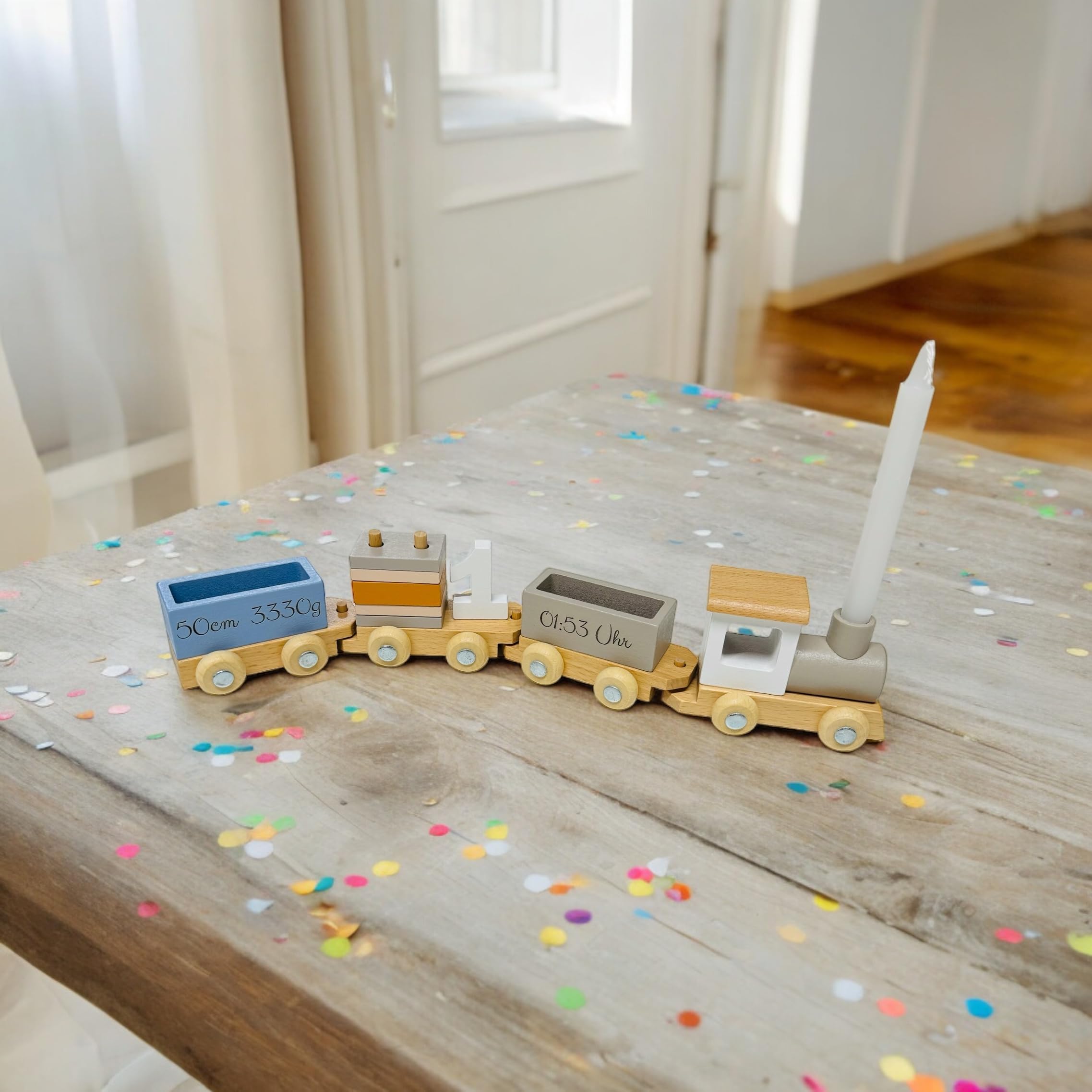 Personalisierter Geburtstagszug aus Holz mit Zahlen 1–5 – Kinder Geburtstagszug mit Kerzenhalter – Tischdeko & Spielzeug für Kindergeburtstag – Geschenk zum 1.–5. Geburtstag