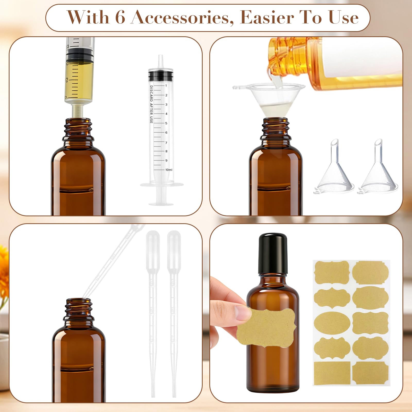 6 bottiglie di vetro rollon da 30 ml per olio essenziale, rollon bottiglia vuota, con sfera in vetro, ricaricabili in Rollon marrone con 6 accessori per profumo, massaggio, aromaterapia