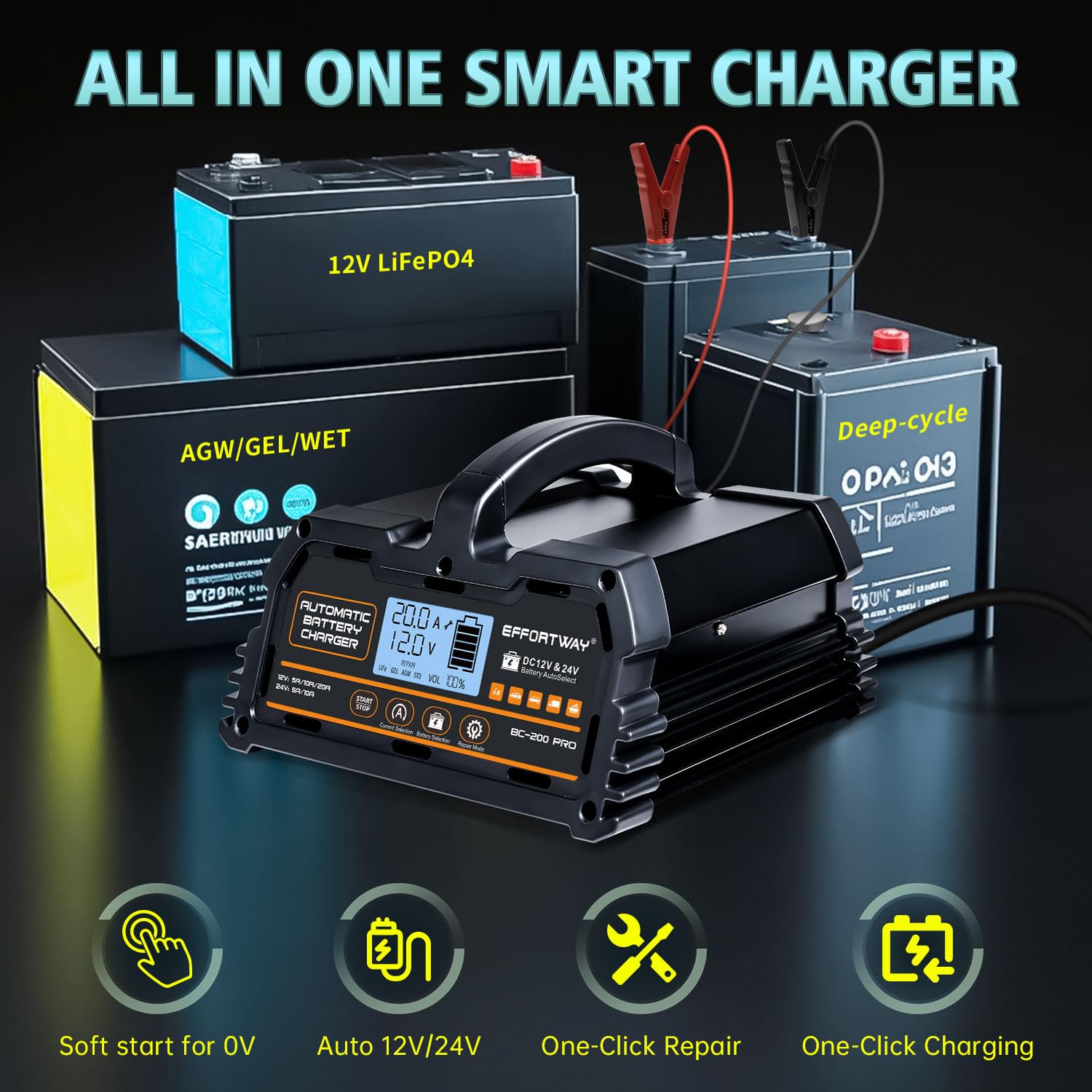EFFORTWAY 20A Battery Charger, 12V/24V Lead Acid Charger, 12V LiFePO4 Charger. Smart Battery Charger with Trickle Charge.Car Battery Maintainer with LCD Display. Suitable for Trucks,AMG,Motorcycles