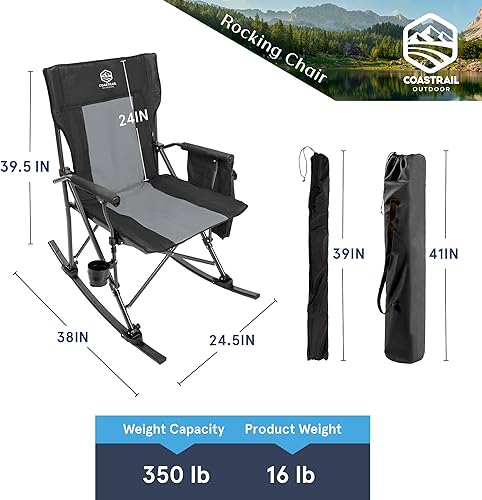 Miniatura 3 de Coastrail Outdoor Silla mecedora plegable de campamento con respaldo alto acolchado y soporte para tazas plegable, almacenamiento lateral, bolsillo