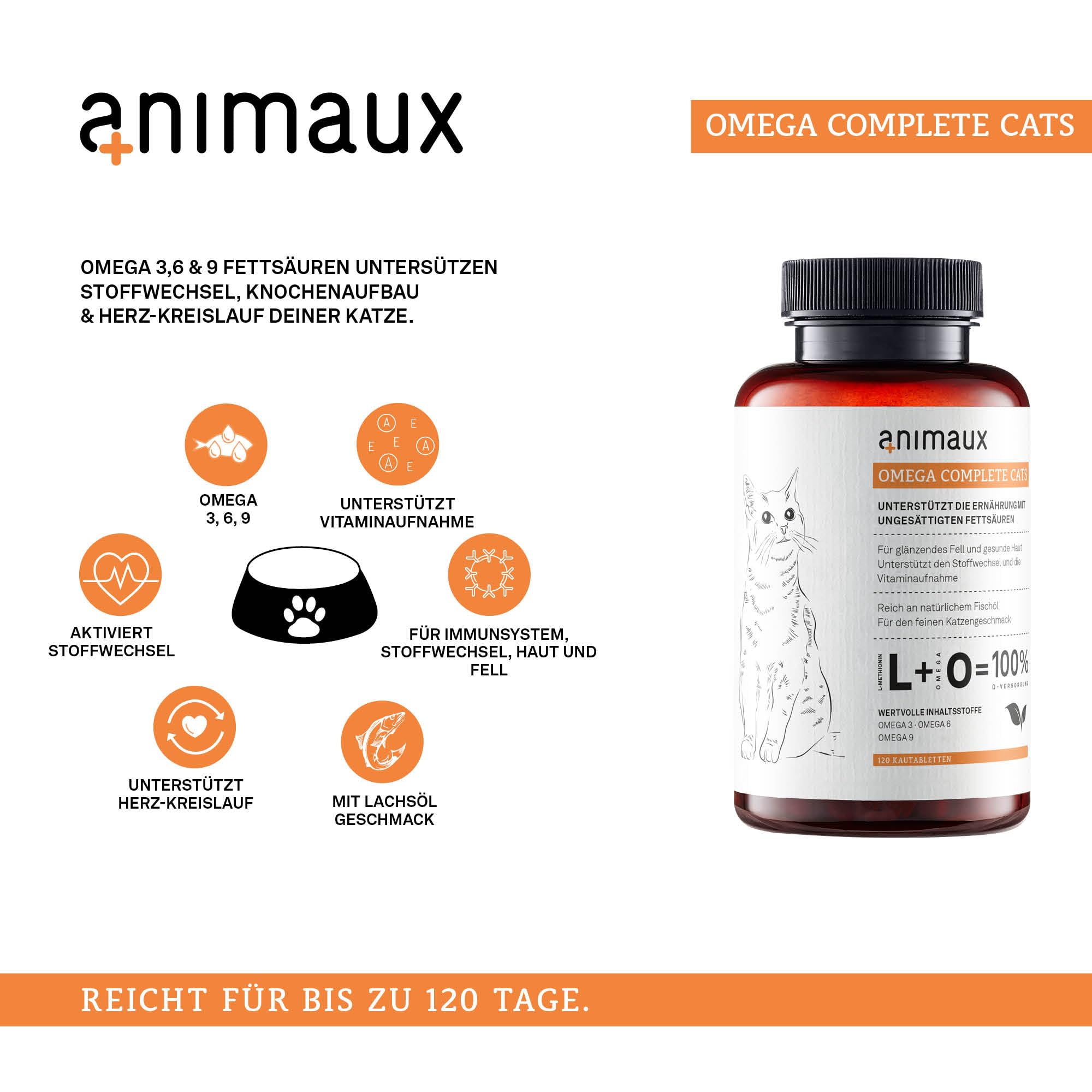 animaux Omega Complete Cats – 120 Kautabletten für Katzen – Fischöl reich an Omega 3, 6 & 9 Fettsäuren für den Stoffwechsel, Knochenaufbau & Herz-Kreislauf, Leckerli mit Lachsöl für Haut & Fell